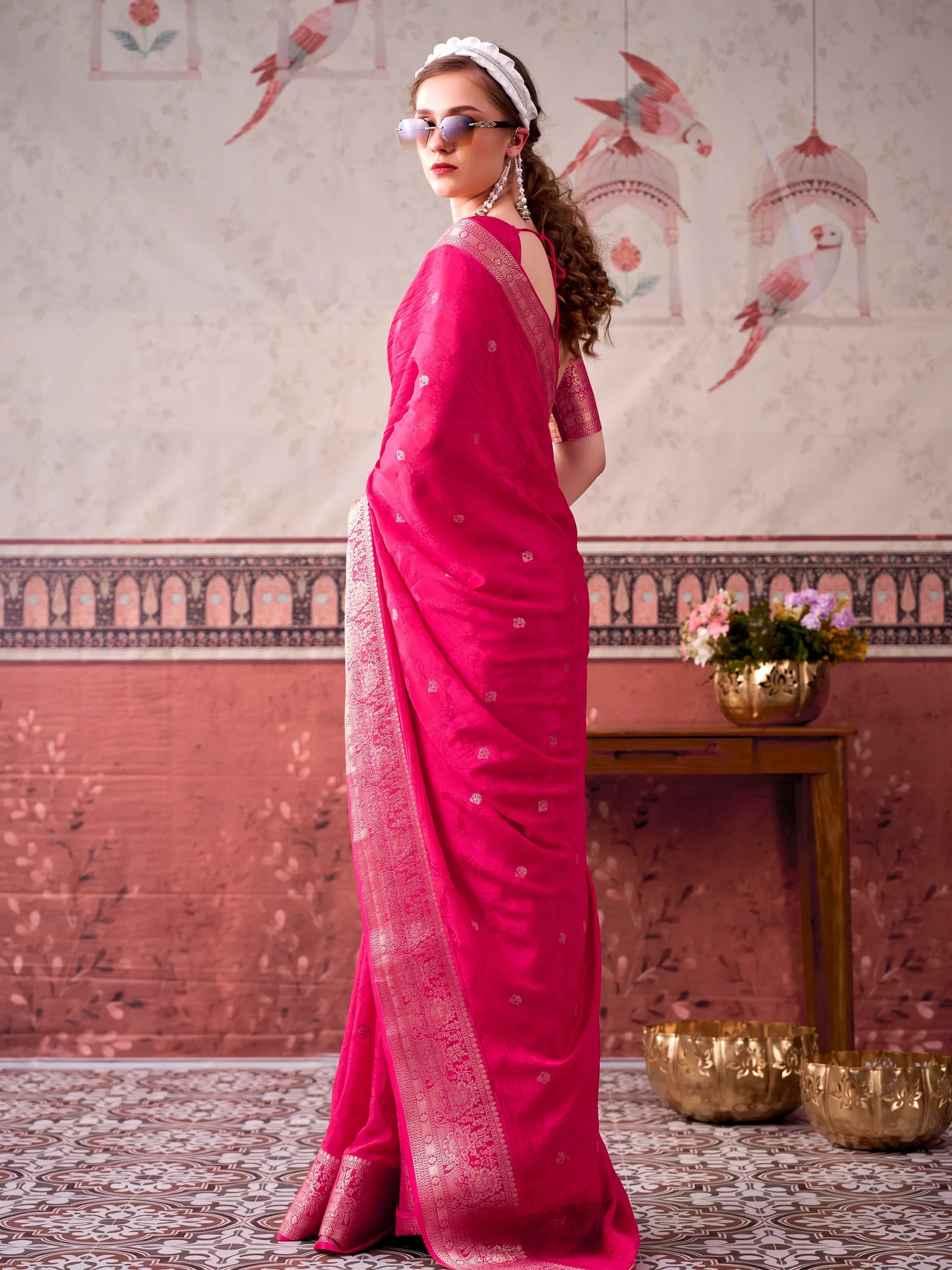 Pink Admirable Printed Chinon Haldi Wear Saree With Blouse