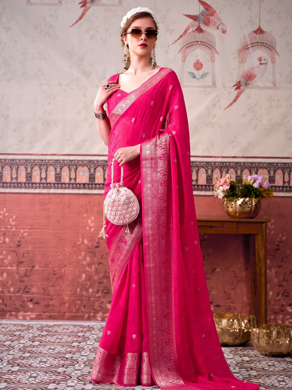 Pink Admirable Printed Chinon Haldi Wear Saree With Blouse