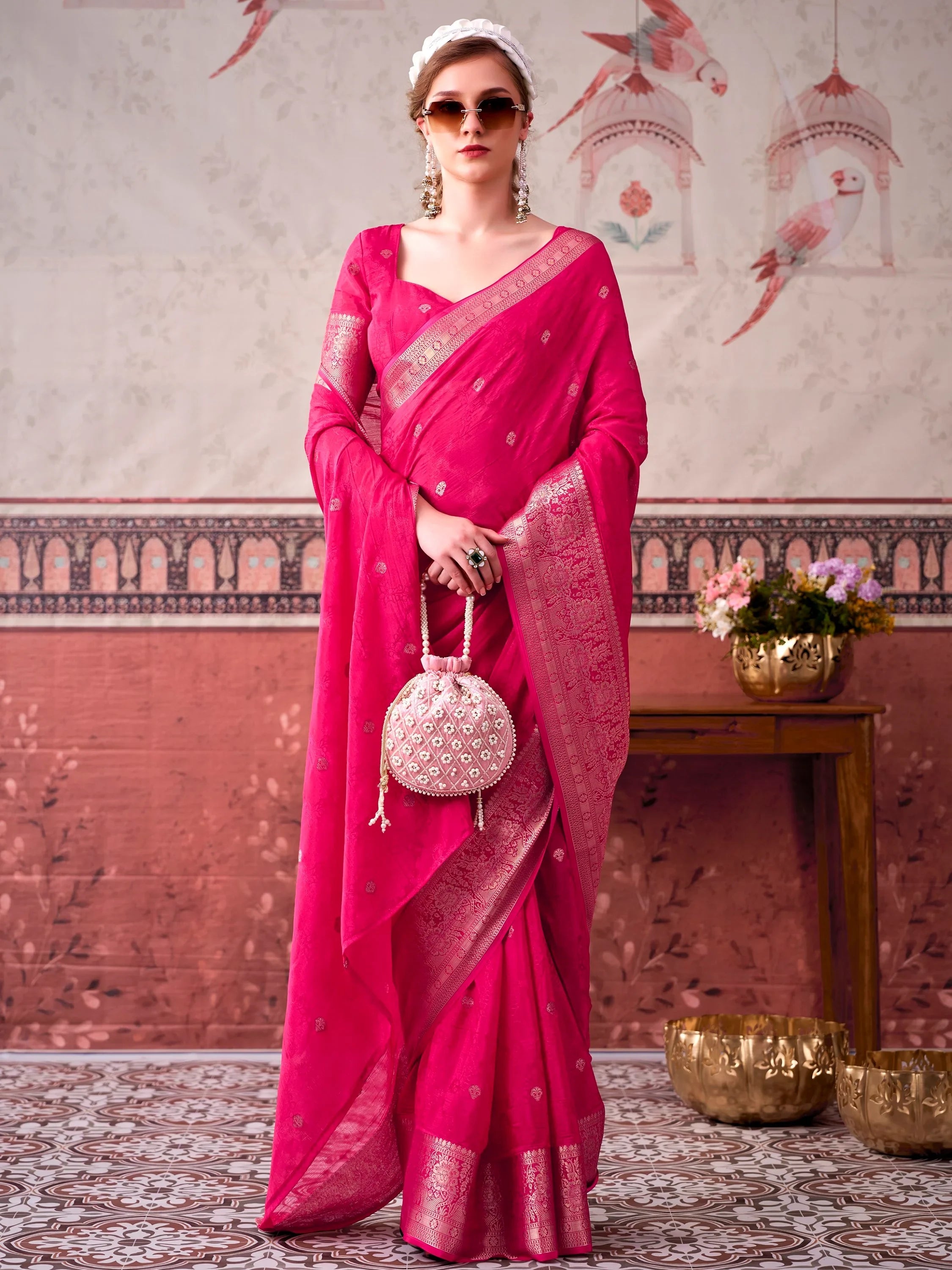 Pink Admirable Printed Chinon Haldi Wear Saree With Blouse