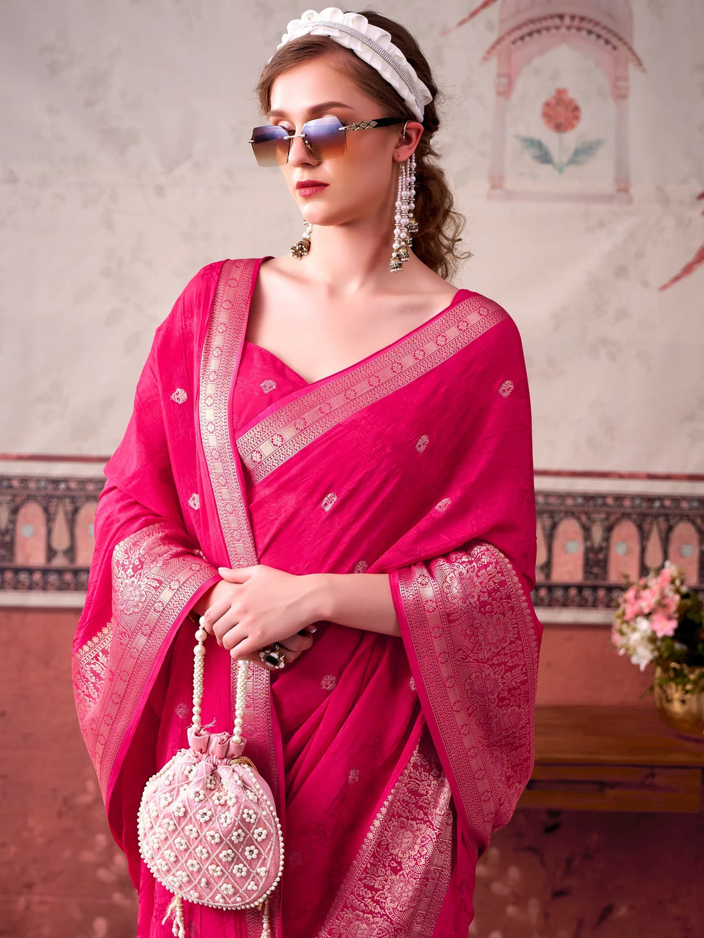 Pink Admirable Printed Chinon Haldi Wear Saree With Blouse
