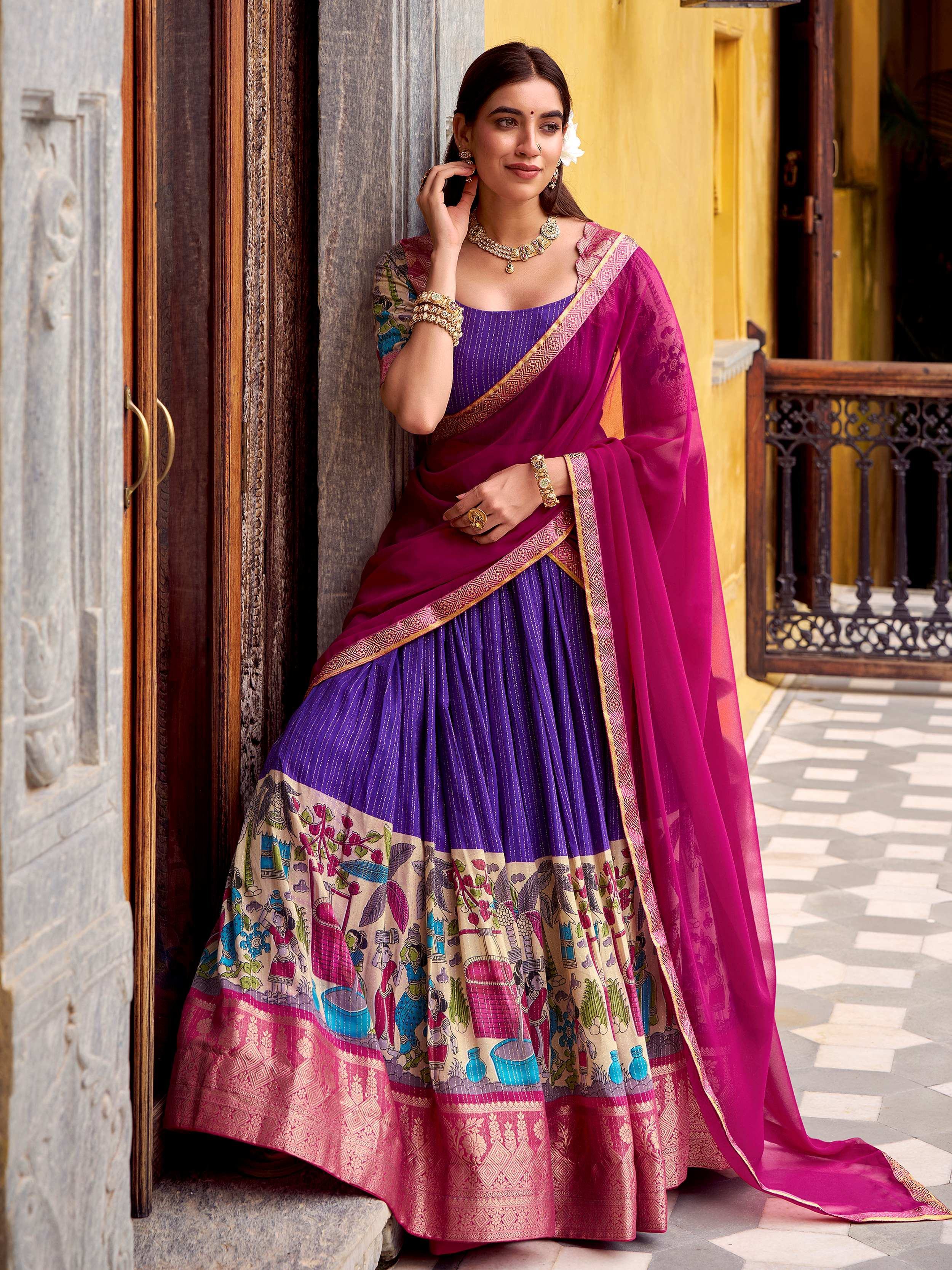 Purple Desirable Chanderi Silk Kalamkari Printed Half Saree Lehenga