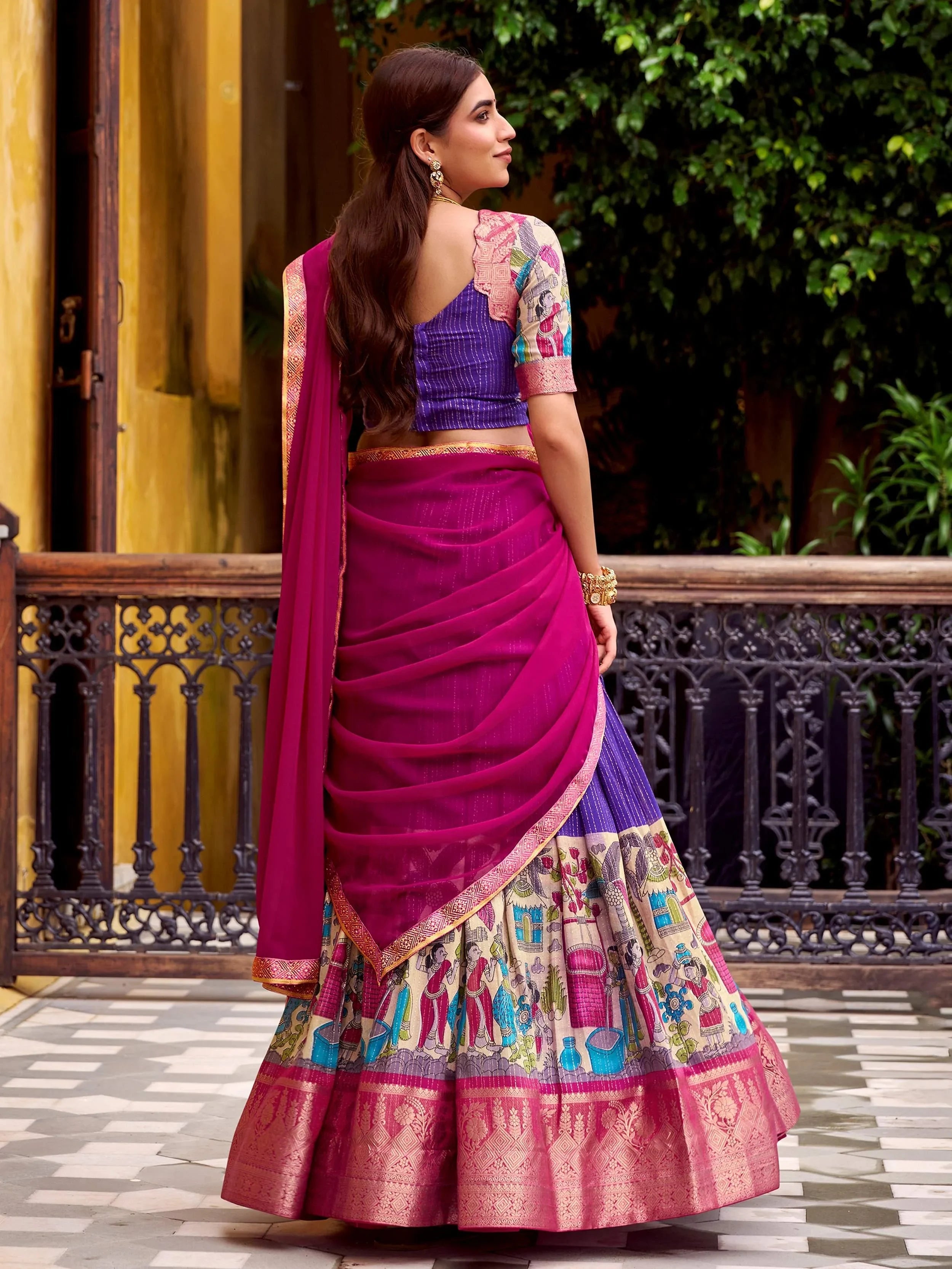 Purple Desirable Chanderi Silk Kalamkari Printed Half Saree Lehenga