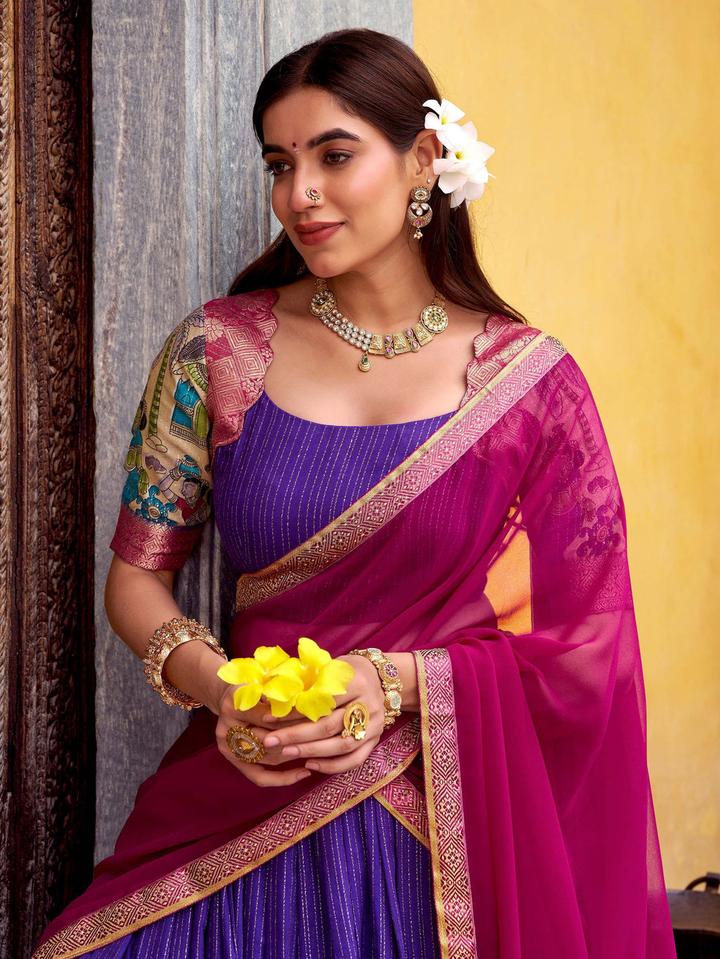 Purple Desirable Chanderi Silk Kalamkari Printed Half Saree Lehenga