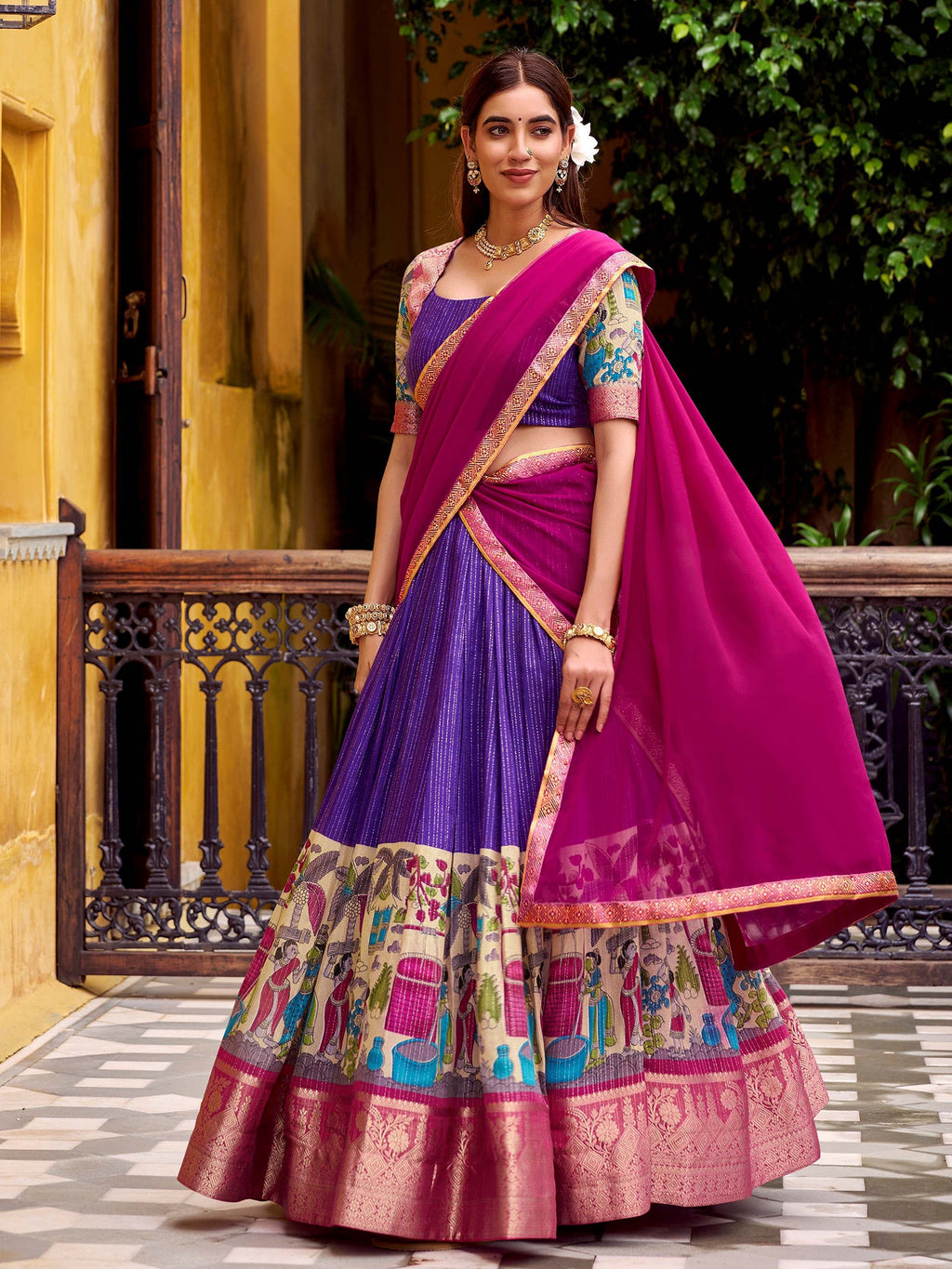 Purple Desirable Chanderi Silk Kalamkari Printed Half Saree Lehenga