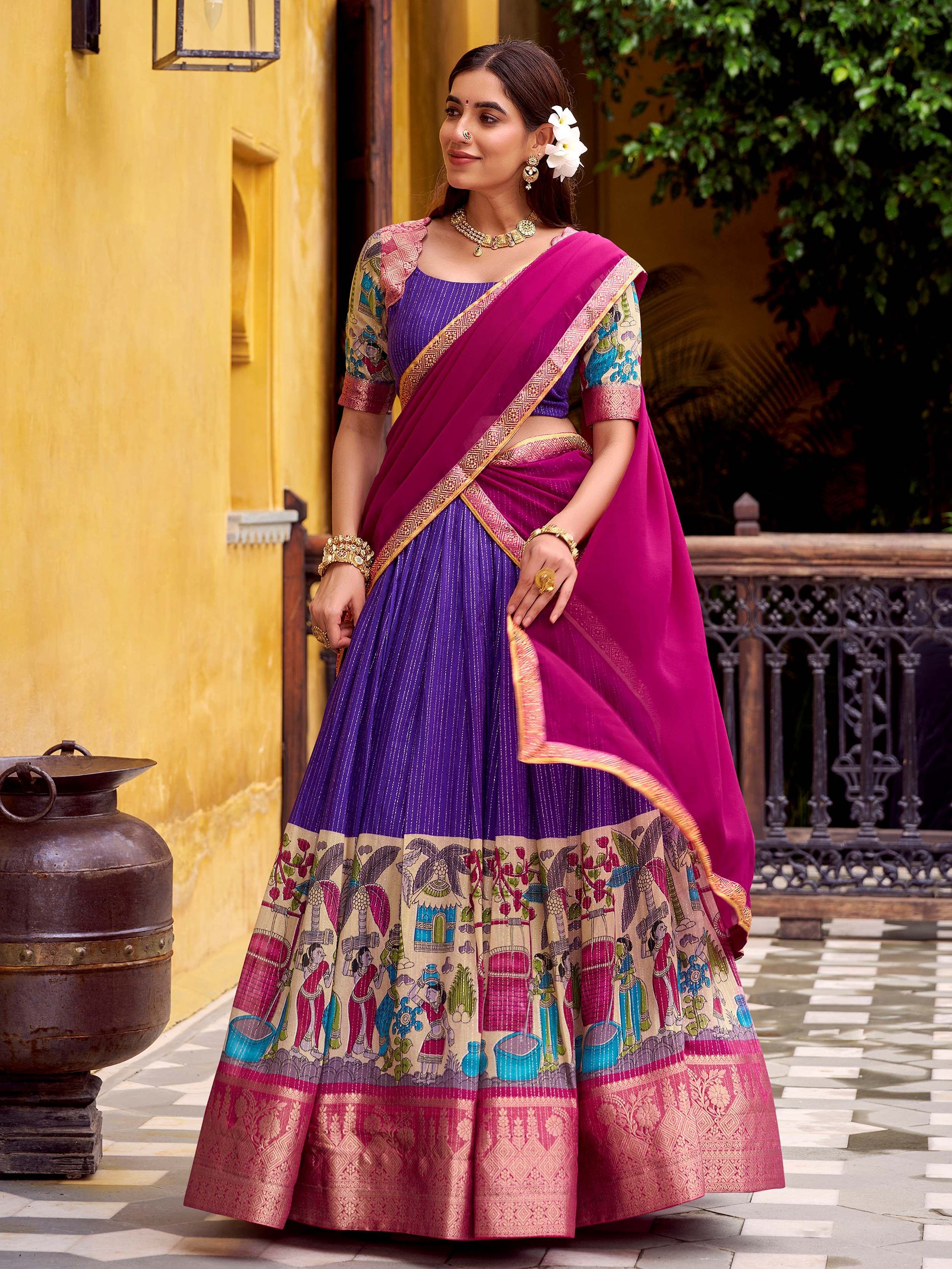 Purple Desirable Chanderi Silk Kalamkari Printed Half Saree Lehenga