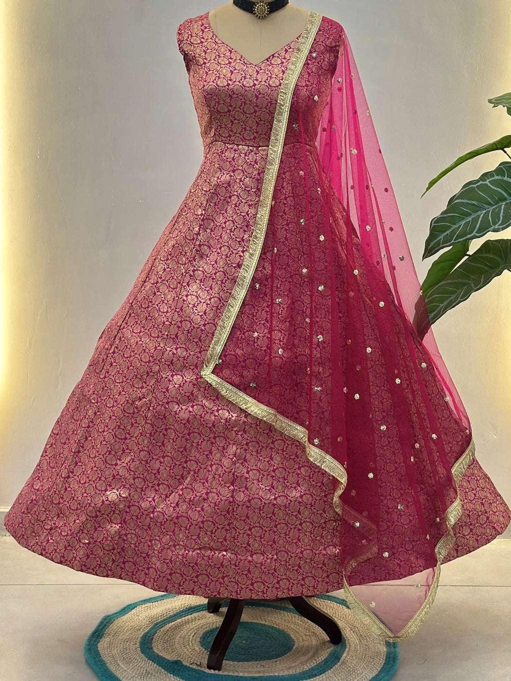 Pink Glowing Zari Weaving Jacquard Function Wear Gown With Dupatta