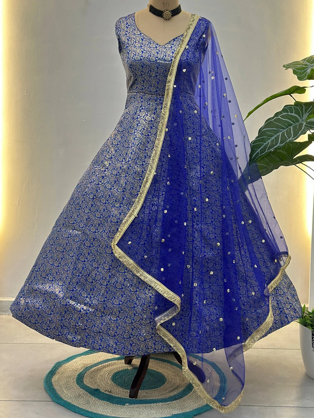 Blue Glowing Zari Weaving Jacquard Function Wear Gown With Dupatta