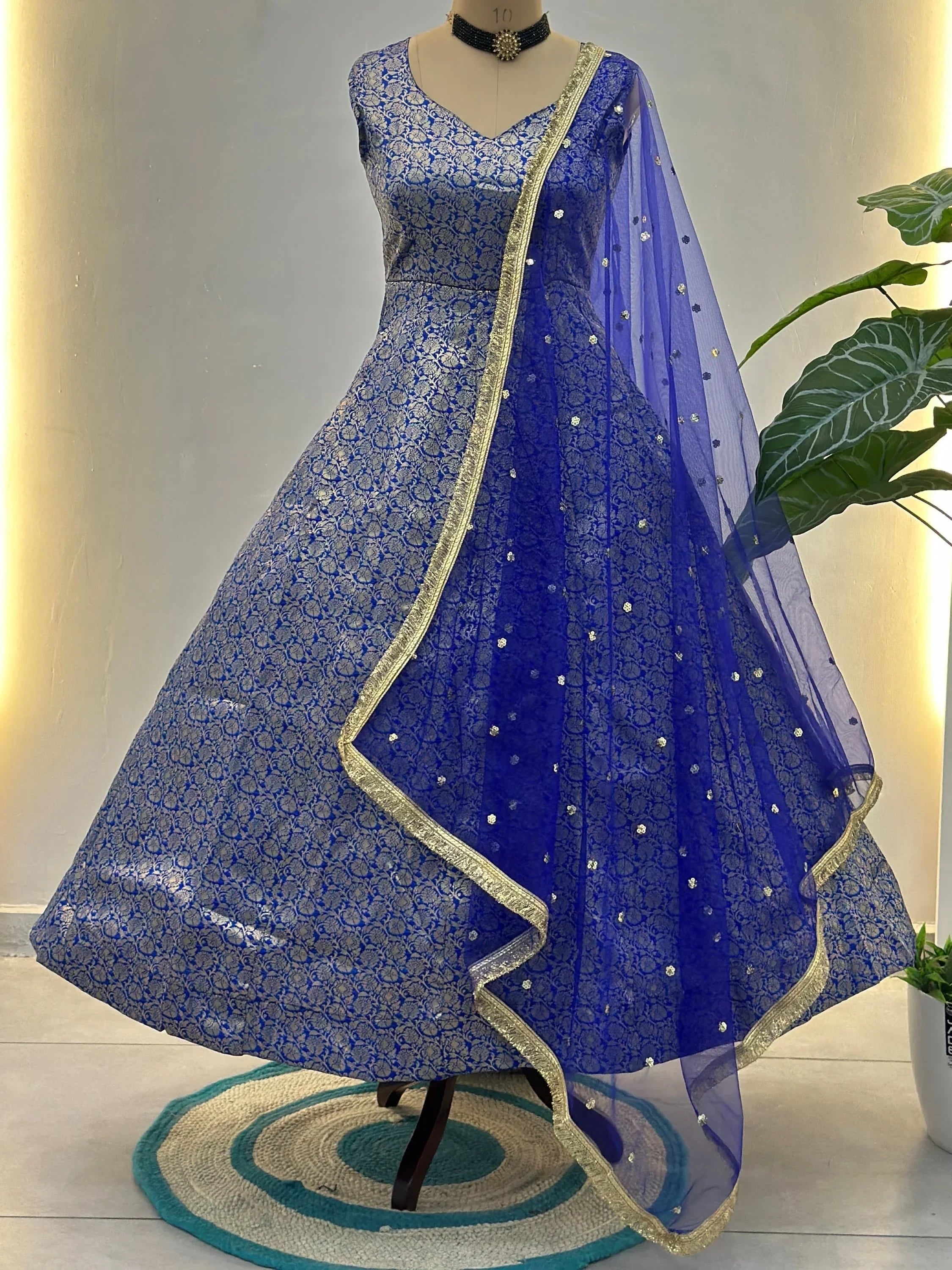 Blue Glowing Zari Weaving Jacquard Function Wear Gown With Dupatta
