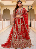 Majestic Red Embroidered Net Wedding Wear Plus Size Lehenga Choli