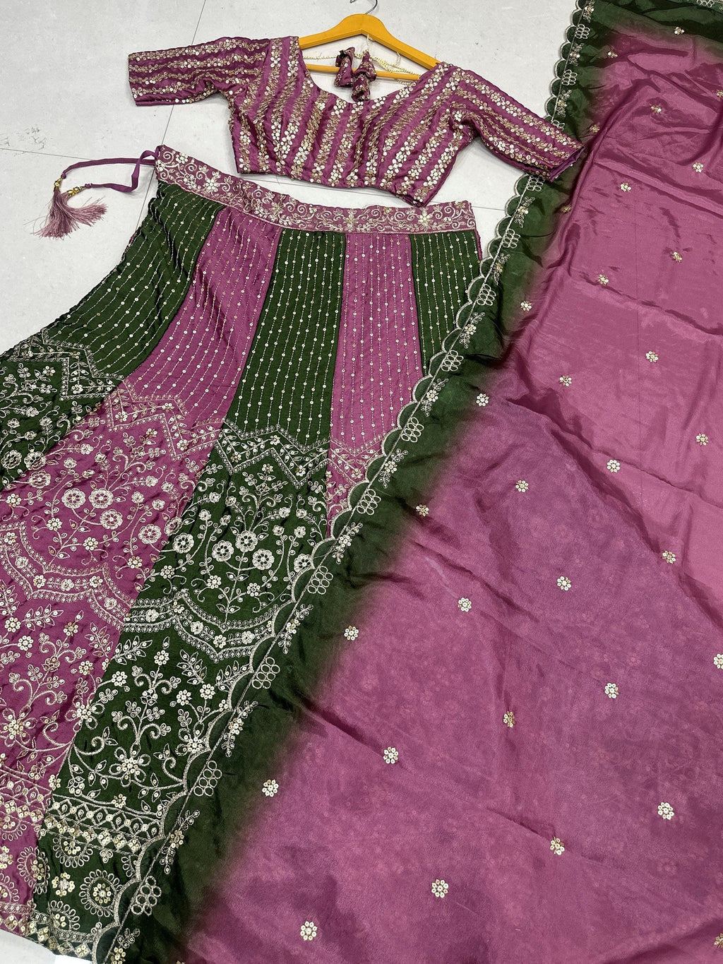 Lovely Green And Purple Embroidered Chinon Festive Wear Lehenga Choli