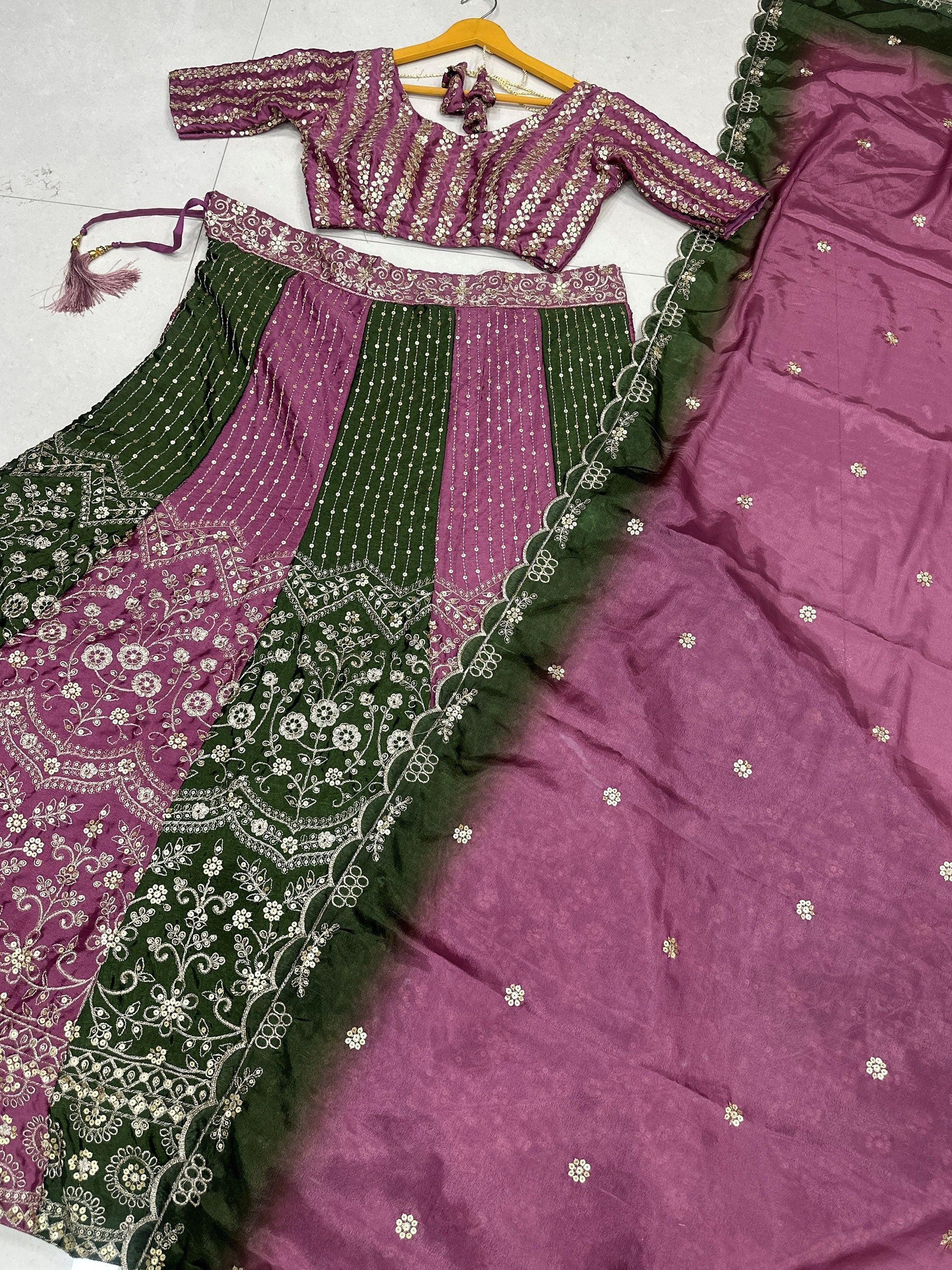 Lovely Green And Purple Embroidered Chinon Festive Wear Lehenga Choli