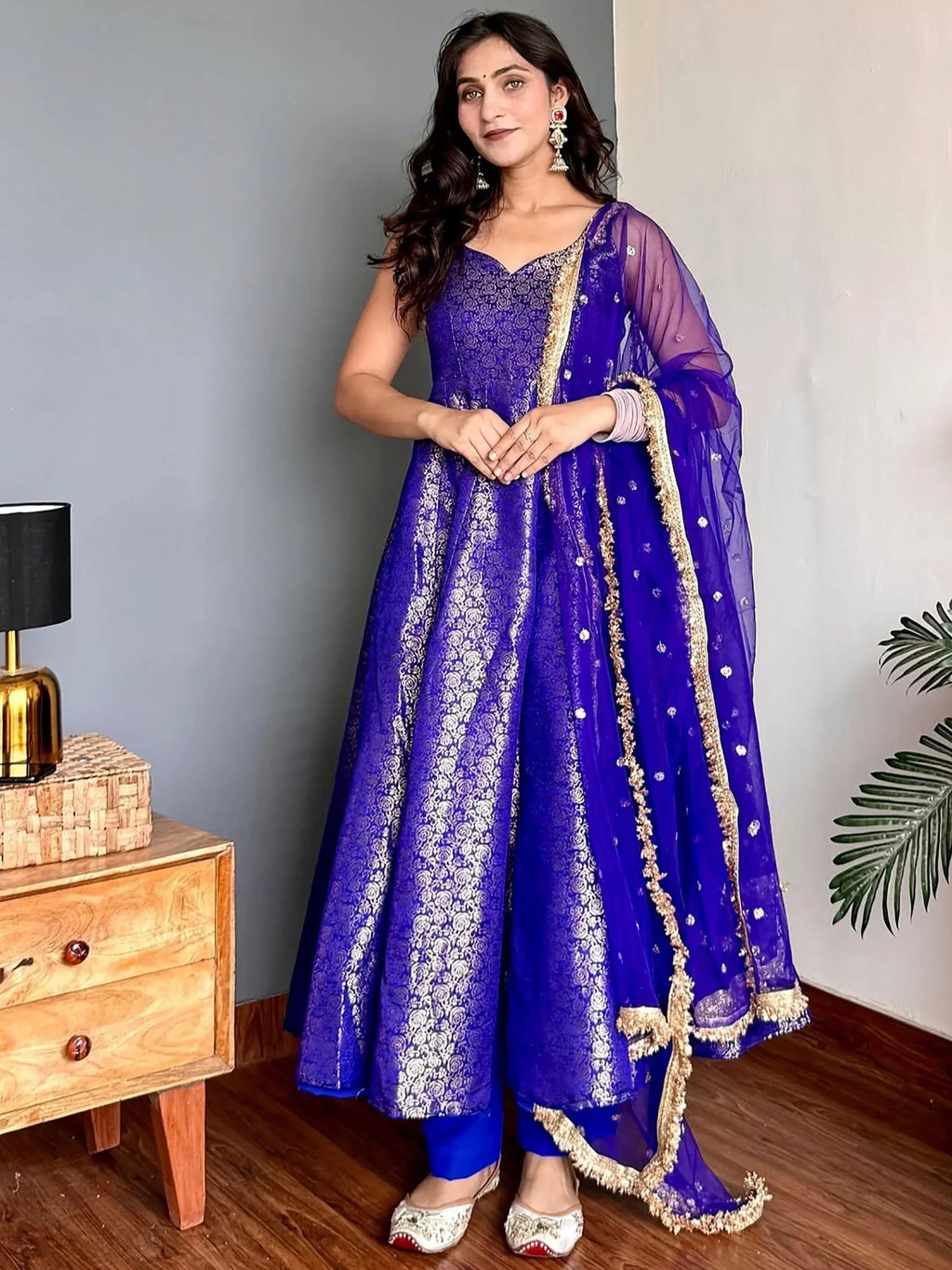 Blue Glowing Zari Weaving Jacquard Function Wear Gown With Dupatta