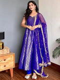 Blue Glowing Zari Weaving Jacquard Function Wear Gown With Dupatta