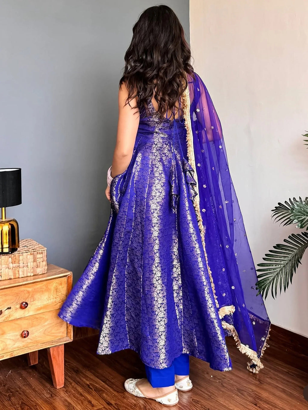 Blue Glowing Zari Weaving Jacquard Function Wear Gown With Dupatta