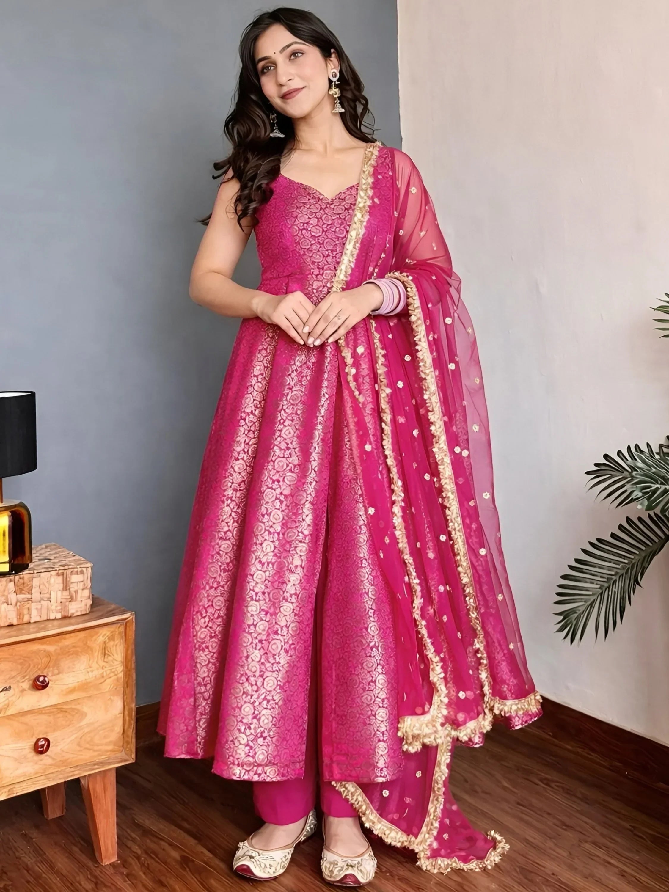 Pink Glowing Zari Weaving Jacquard Function Wear Gown With Dupatta