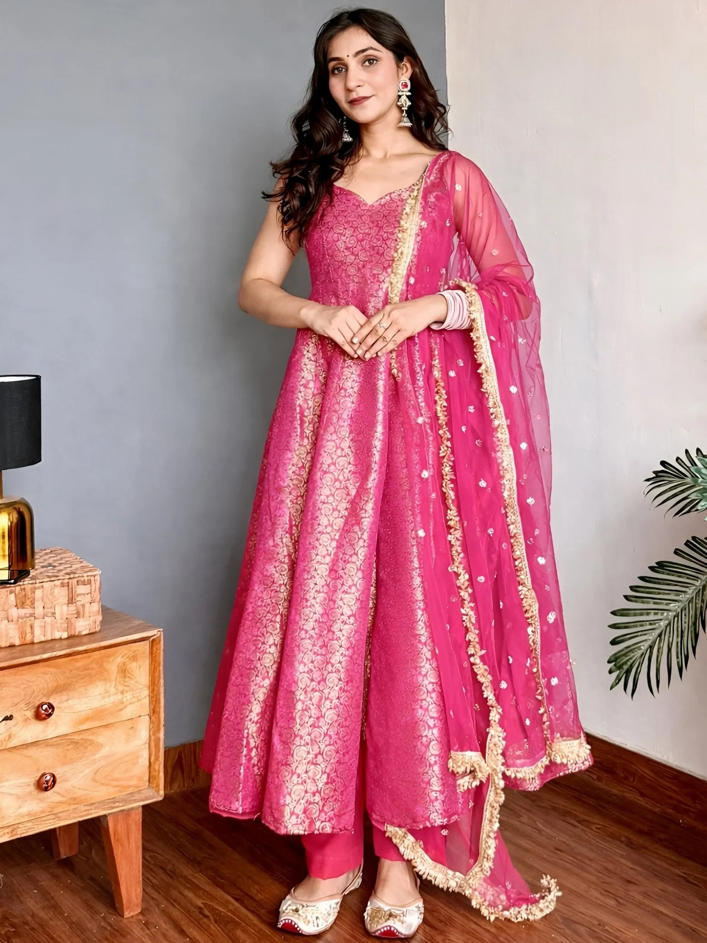 Pink Glowing Zari Weaving Jacquard Function Wear Gown With Dupatta