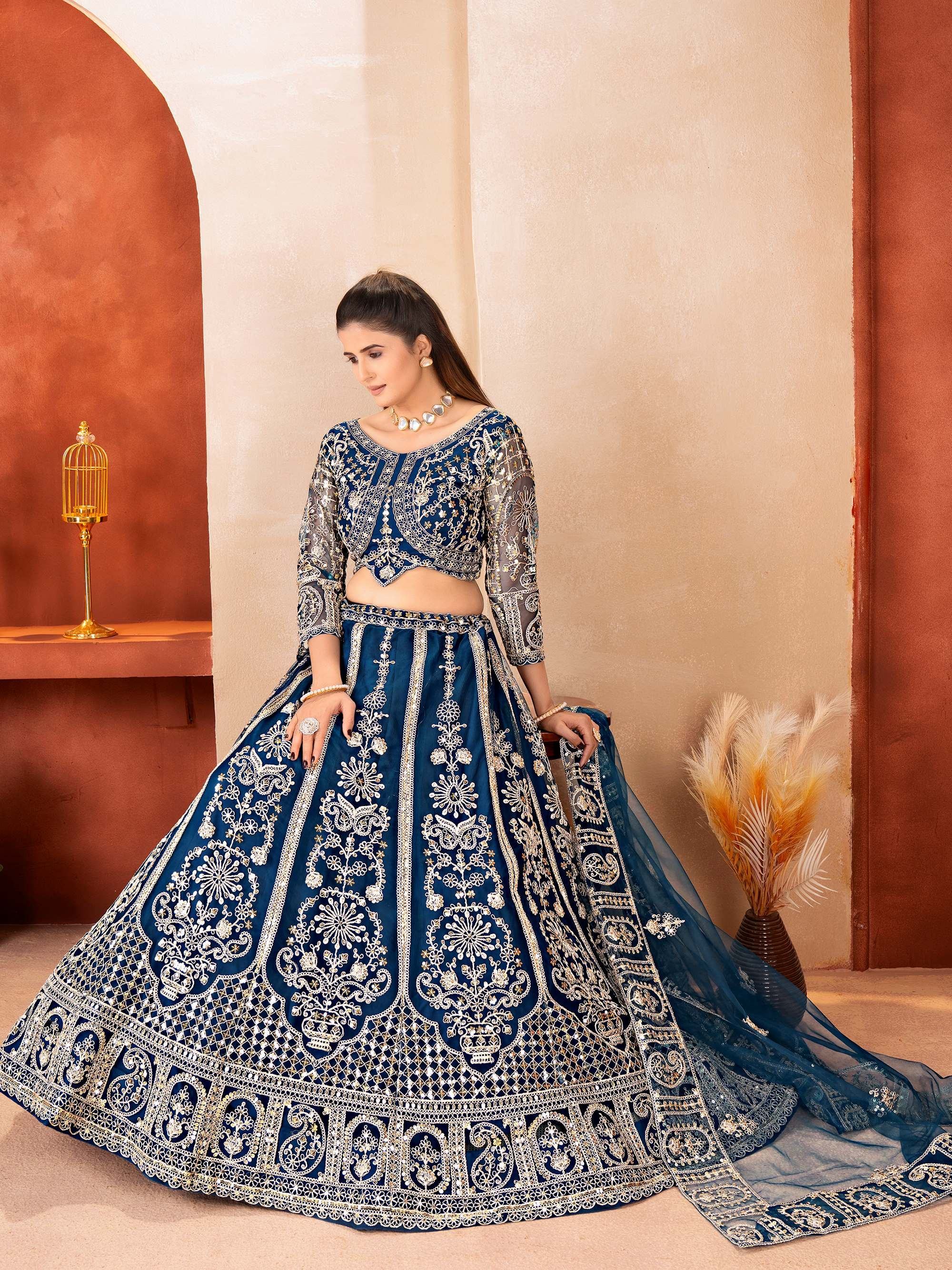 Teal Fabulous Embroidered Net Reception Wear Lehenga Choli