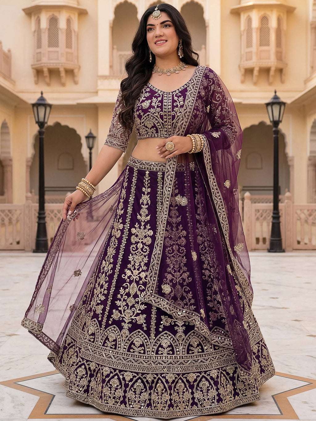 Precious Wine Embroidered Net Engagement Wear Plus Size Lehenga Choli