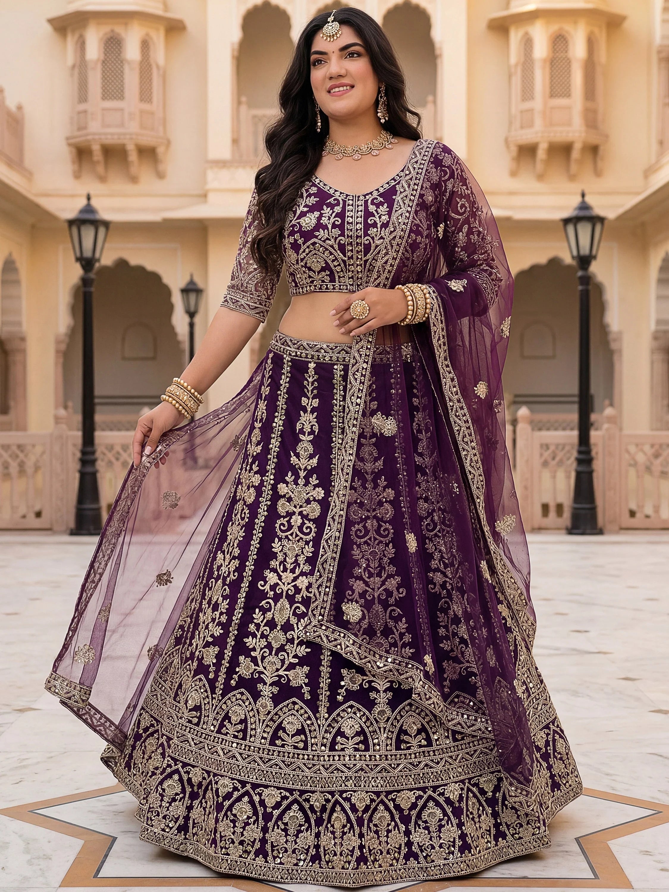 Precious Wine Embroidered Net Engagement Wear Plus Size Lehenga Choli