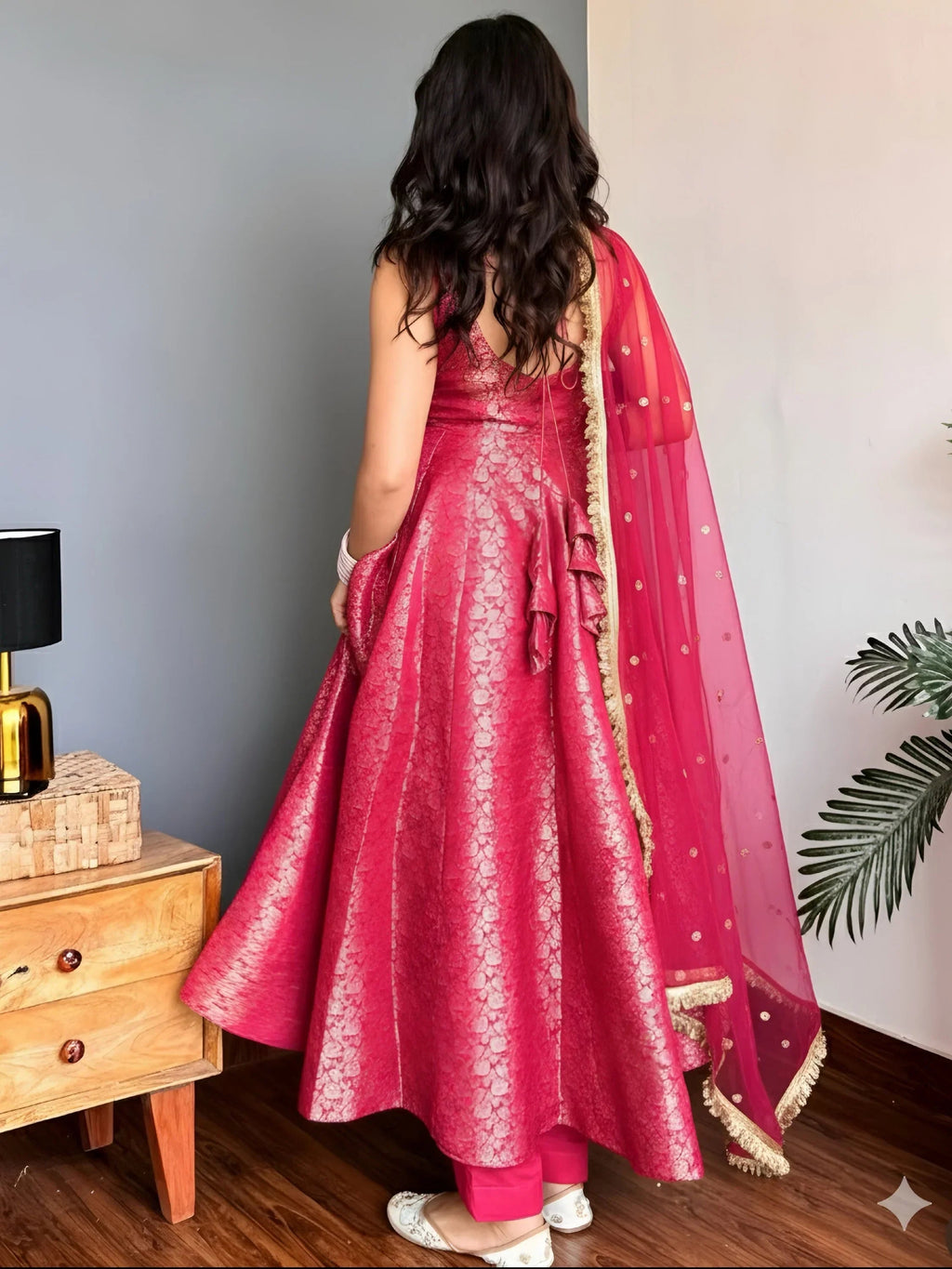 Pink Glowing Zari Weaving Jacquard Function Wear Gown With Dupatta