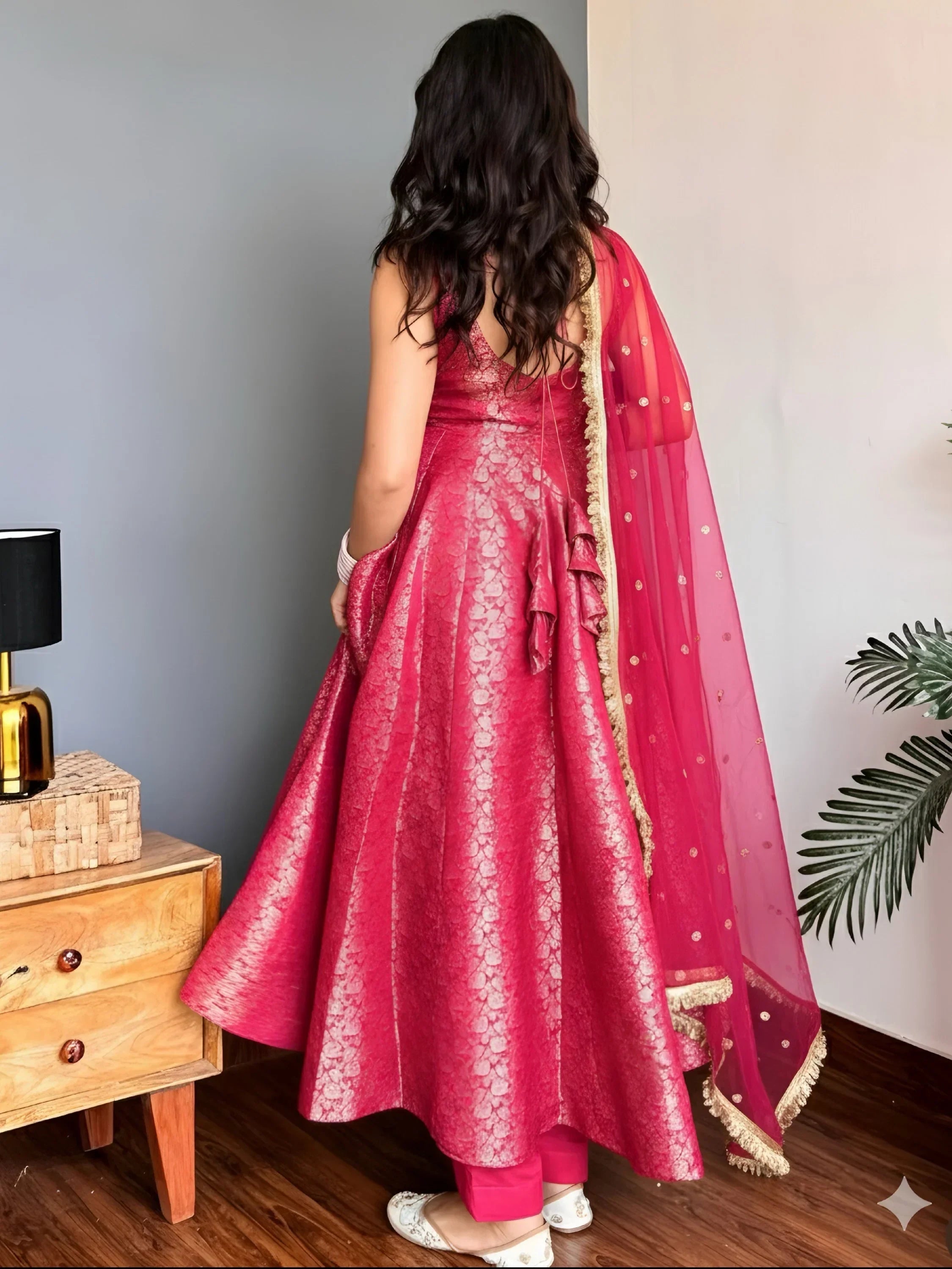 Pink Glowing Zari Weaving Jacquard Function Wear Gown With Dupatta