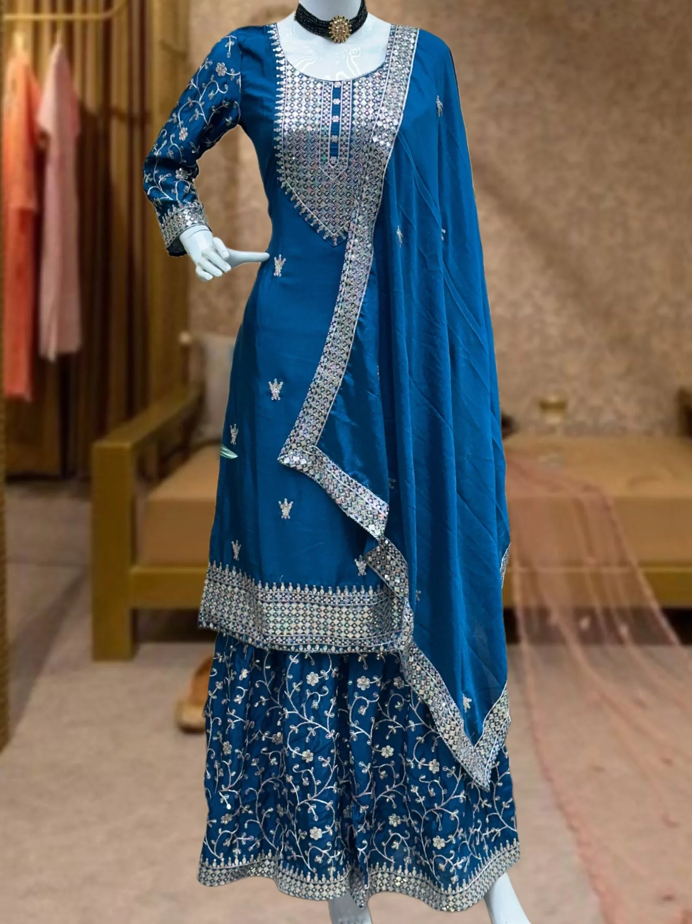 Teal Gorgeous Sequins Chinon Festive Wear Sharara Suit With Dupatta