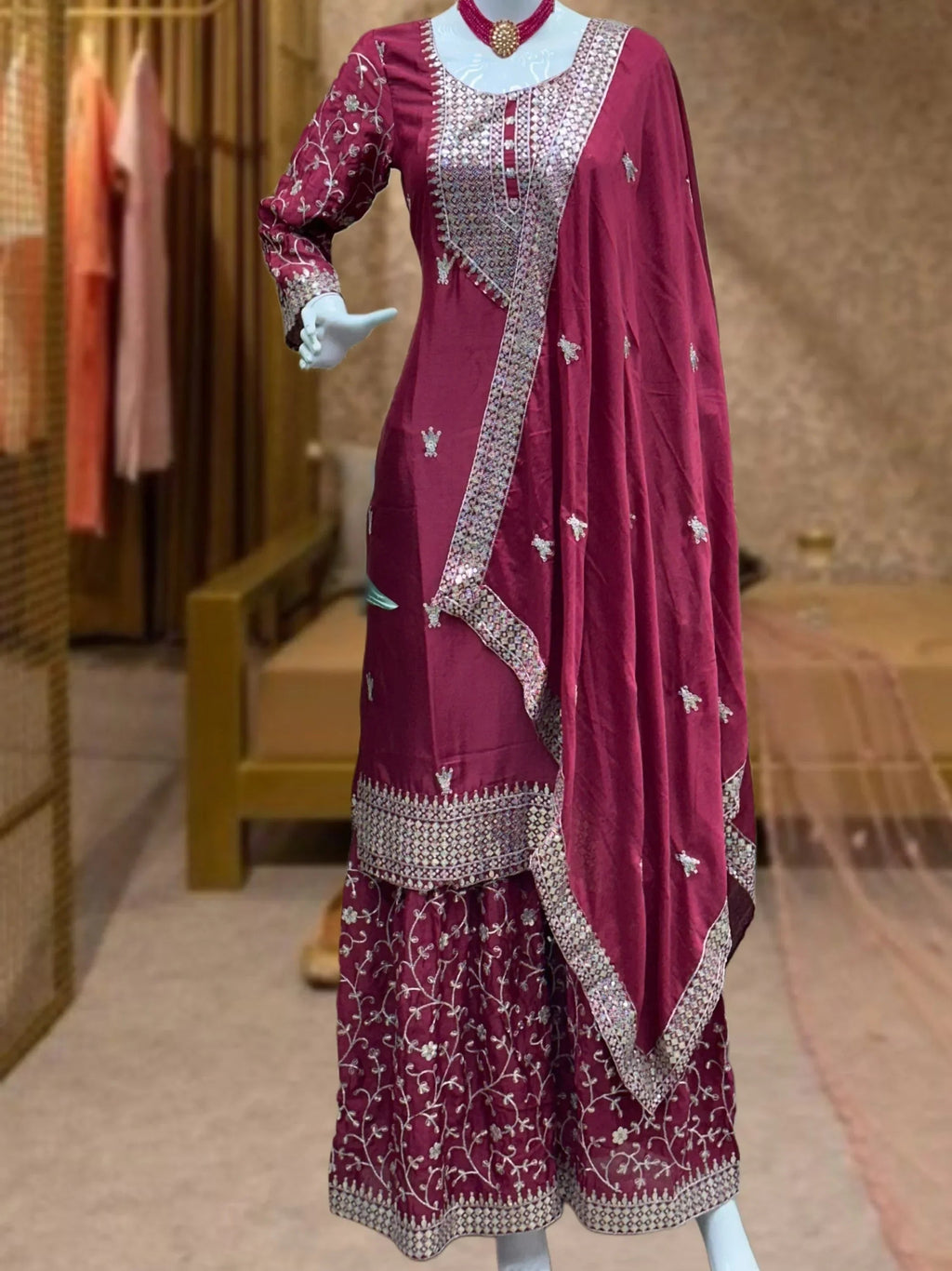 Maroon Gorgeous Sequins Chinon Festive Wear Sharara Suit With Dupatta