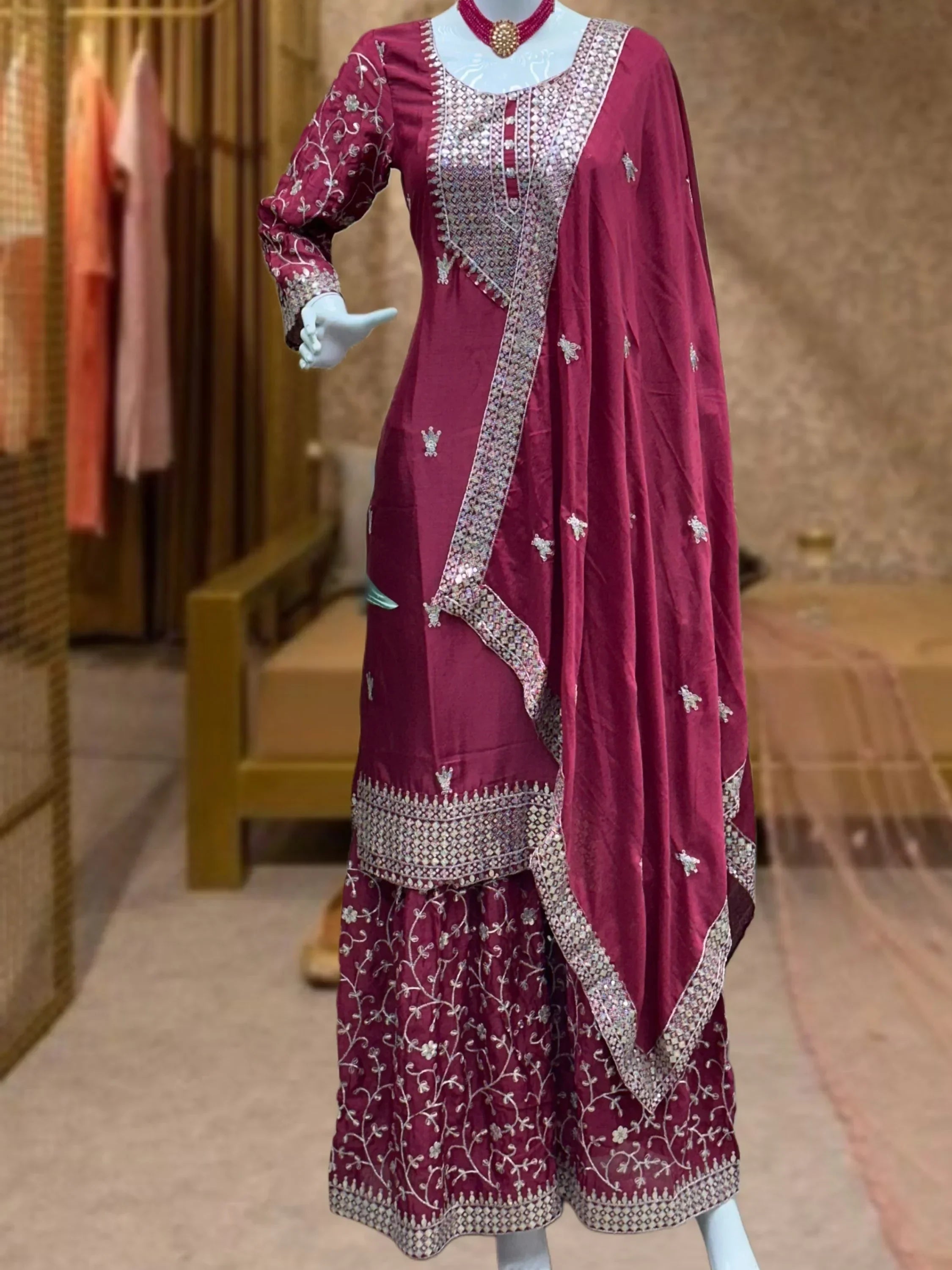 Maroon Gorgeous Sequins Chinon Festive Wear Sharara Suit With Dupatta