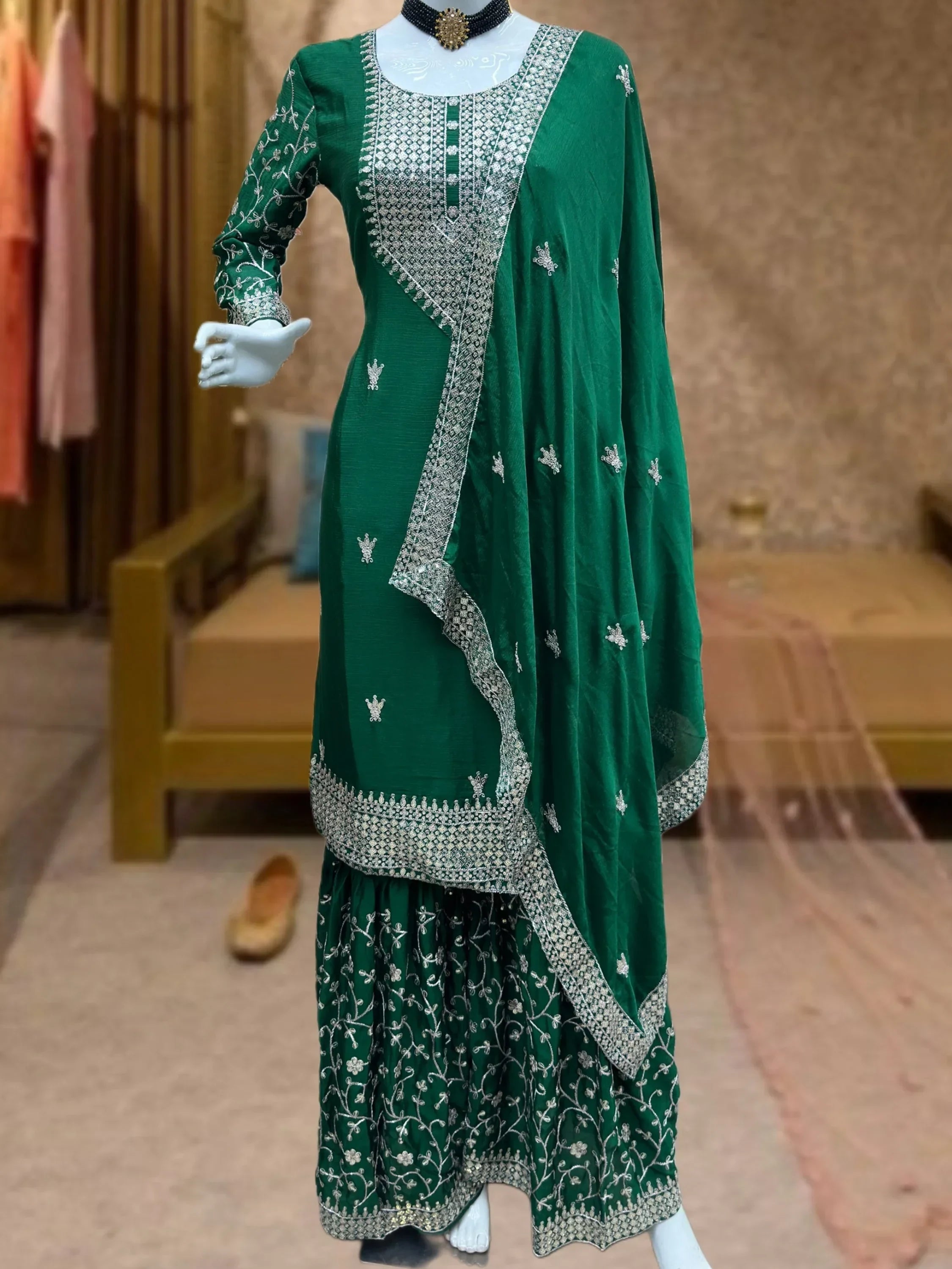 Green Gorgeous Sequins Chinon Festive Wear Sharara Suit With Dupatta
