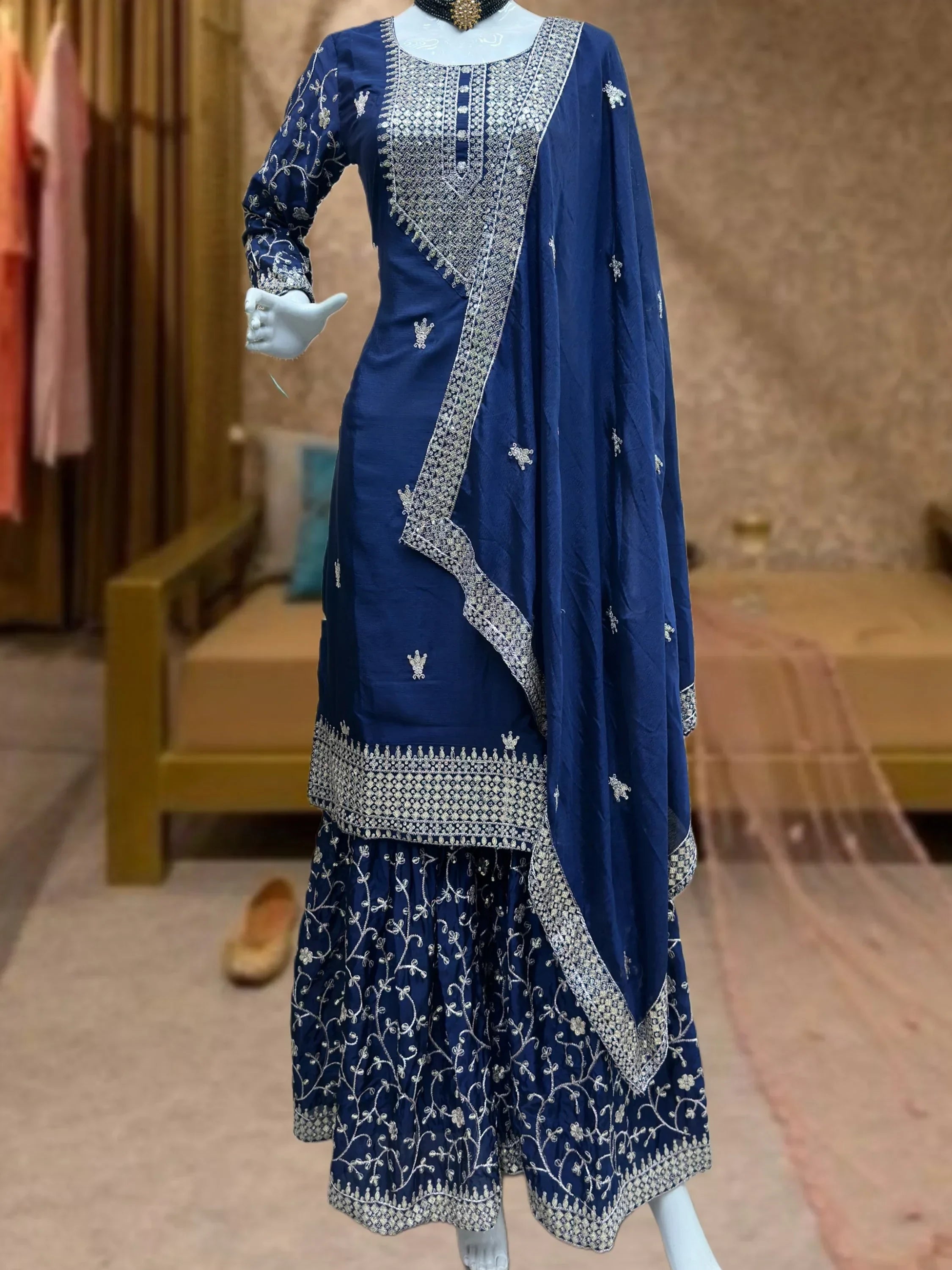 Navy Gorgeous Sequins Chinon Festive Wear Sharara Suit With Dupatta