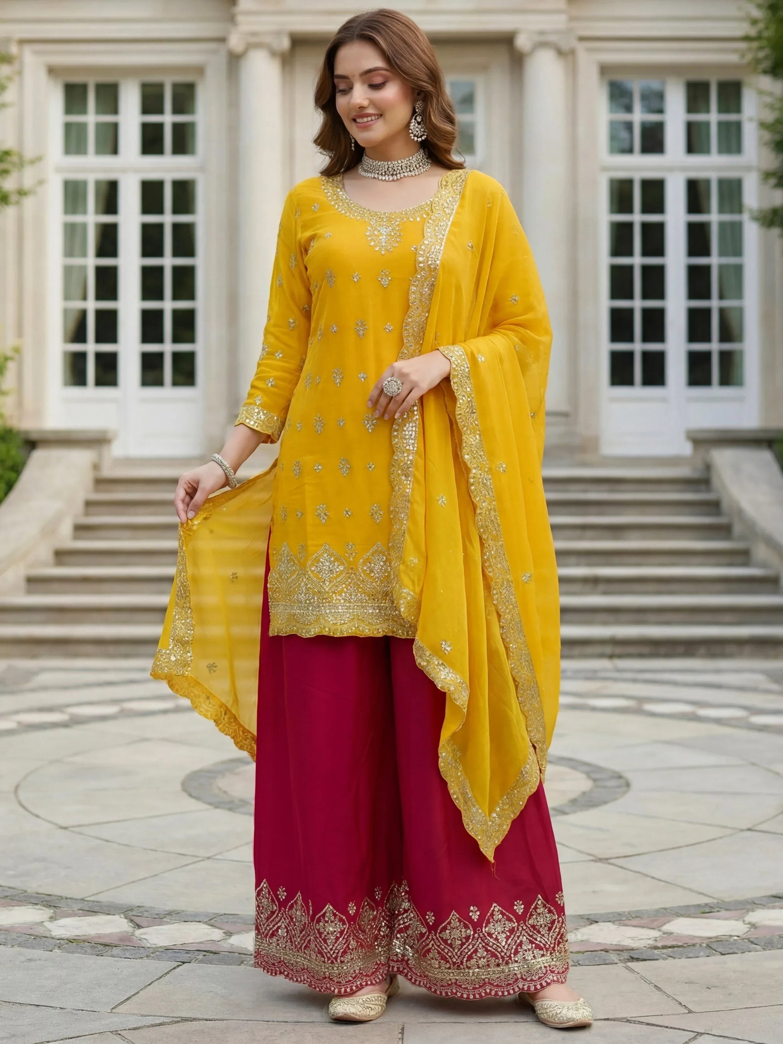 Yellow Elegant Embroidered Chinon Festival Wear Palazzo Suit