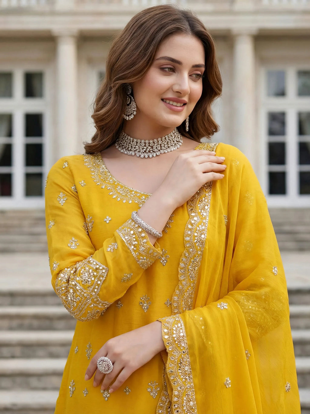 Yellow Elegant Embroidered Chinon Festival Wear Palazzo Suit