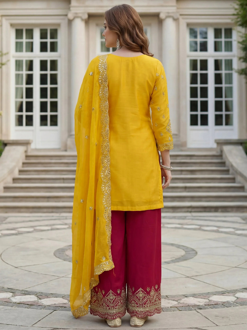 Yellow Elegant Embroidered Chinon Festival Wear Palazzo Suit