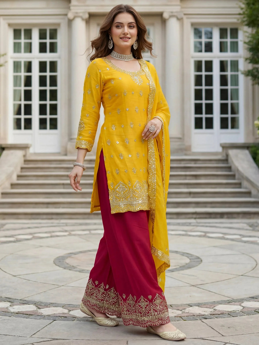 Yellow Elegant Embroidered Chinon Festival Wear Palazzo Suit
