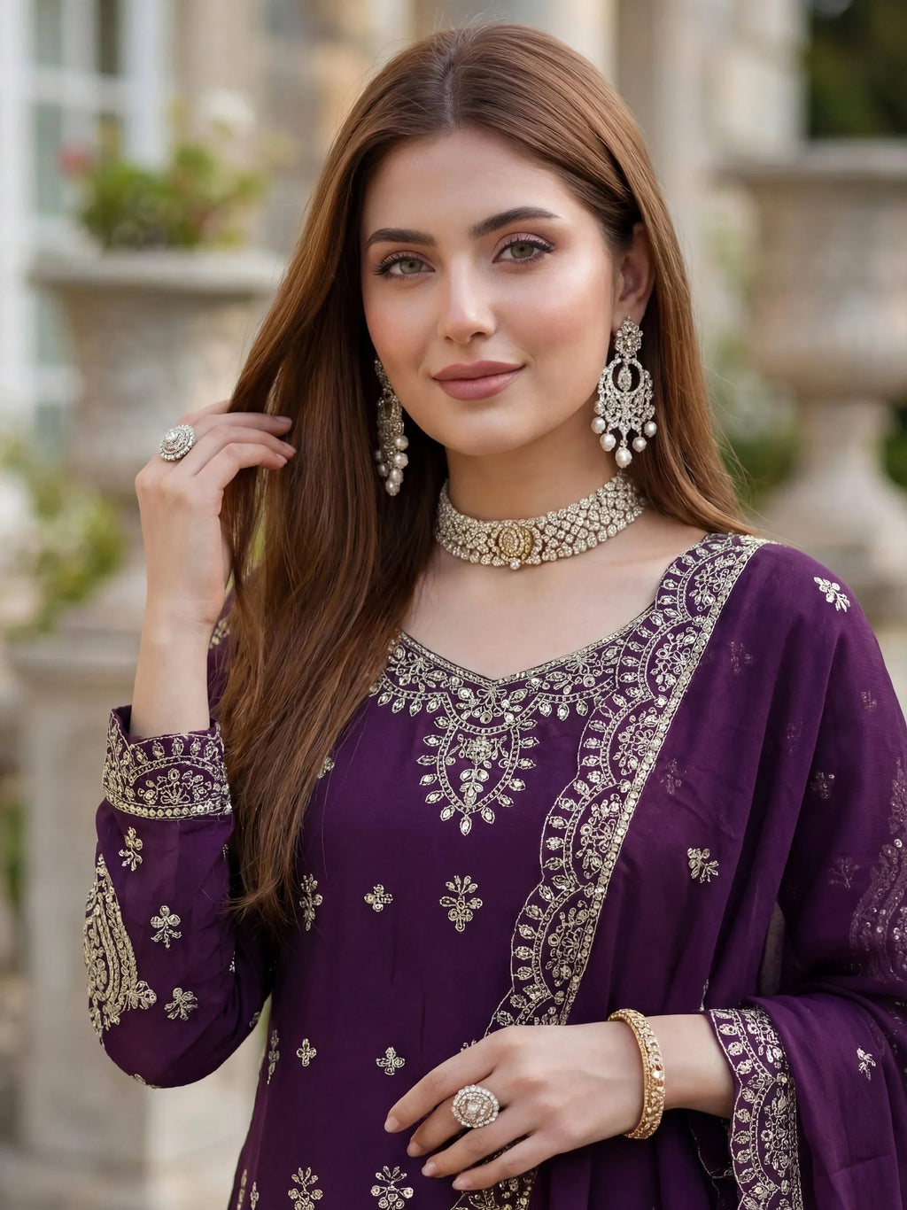 Purple Elegant Embroidered Chinon Festival Wear Palazzo Suit