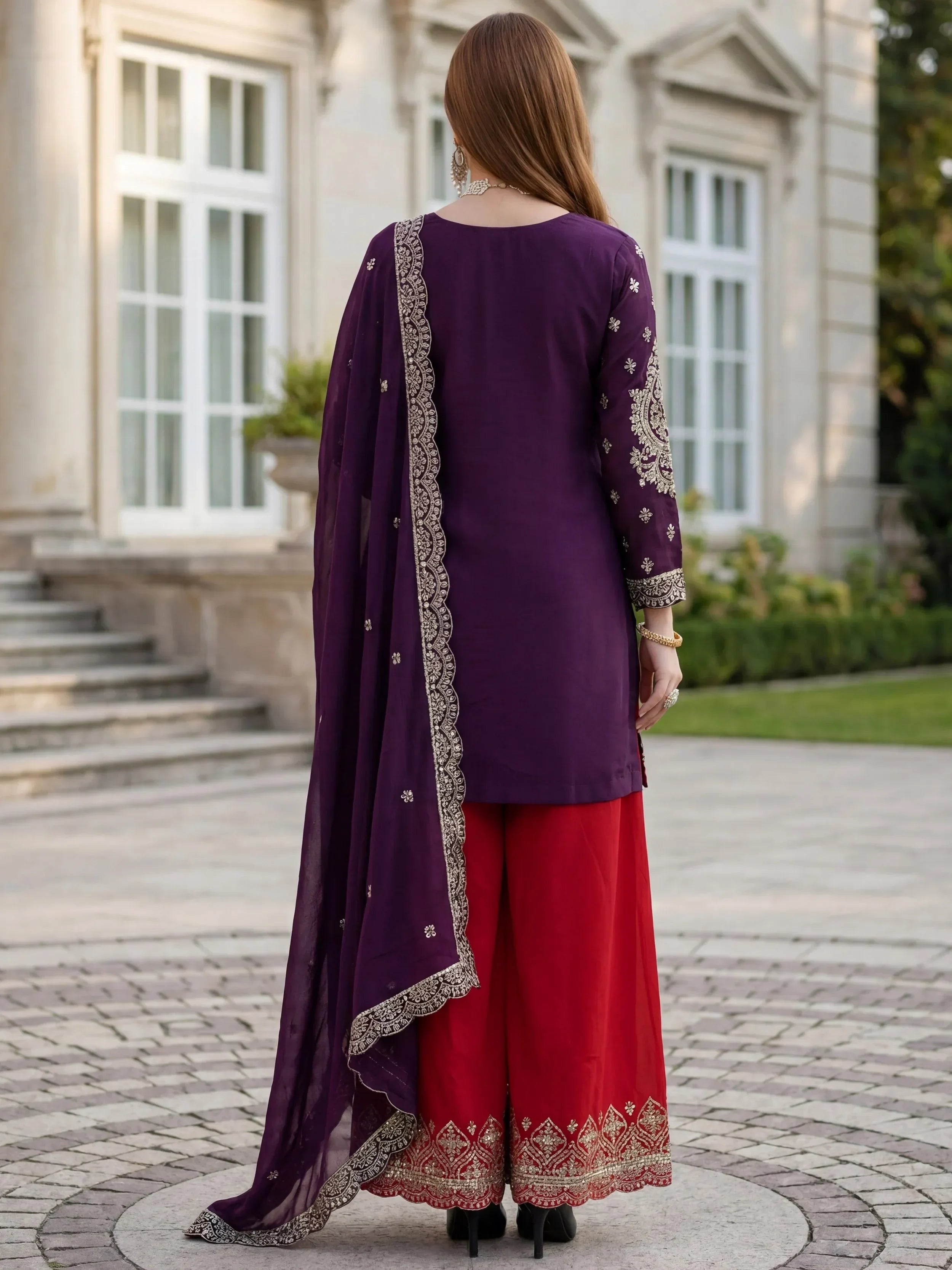 Purple Elegant Embroidered Chinon Festival Wear Palazzo Suit