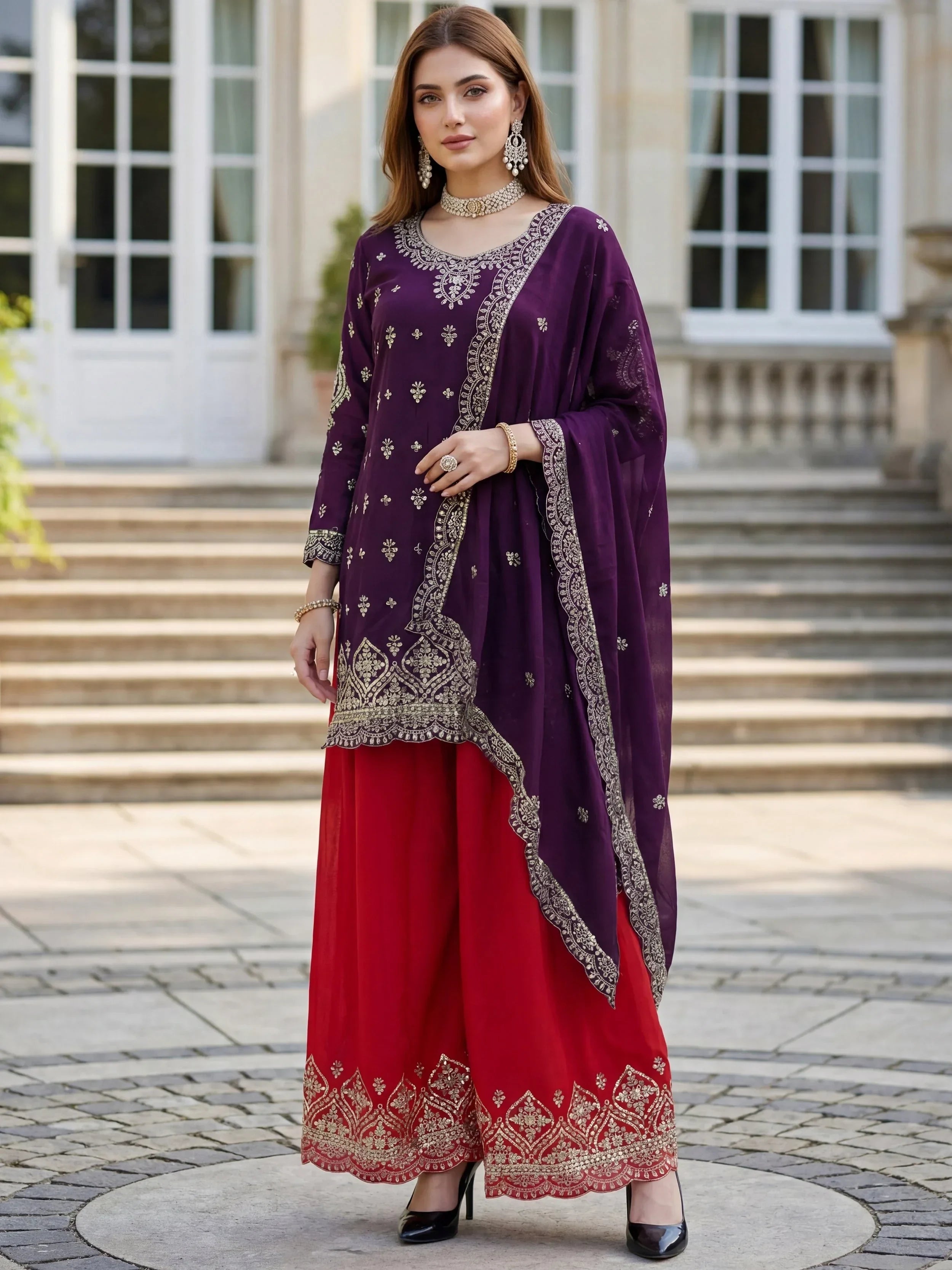 Purple Elegant Embroidered Chinon Festival Wear Palazzo Suit