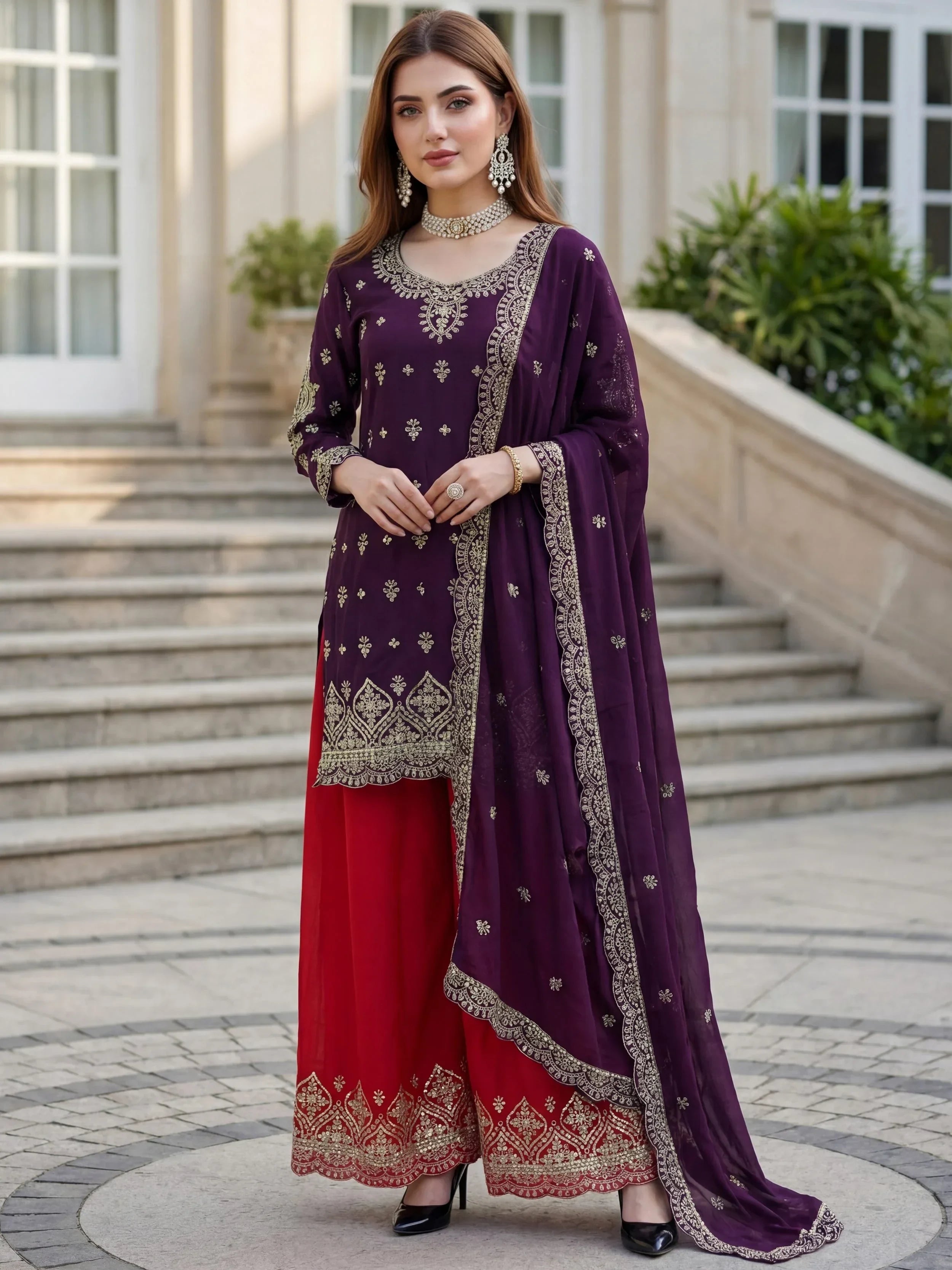 Purple Elegant Embroidered Chinon Festival Wear Palazzo Suit