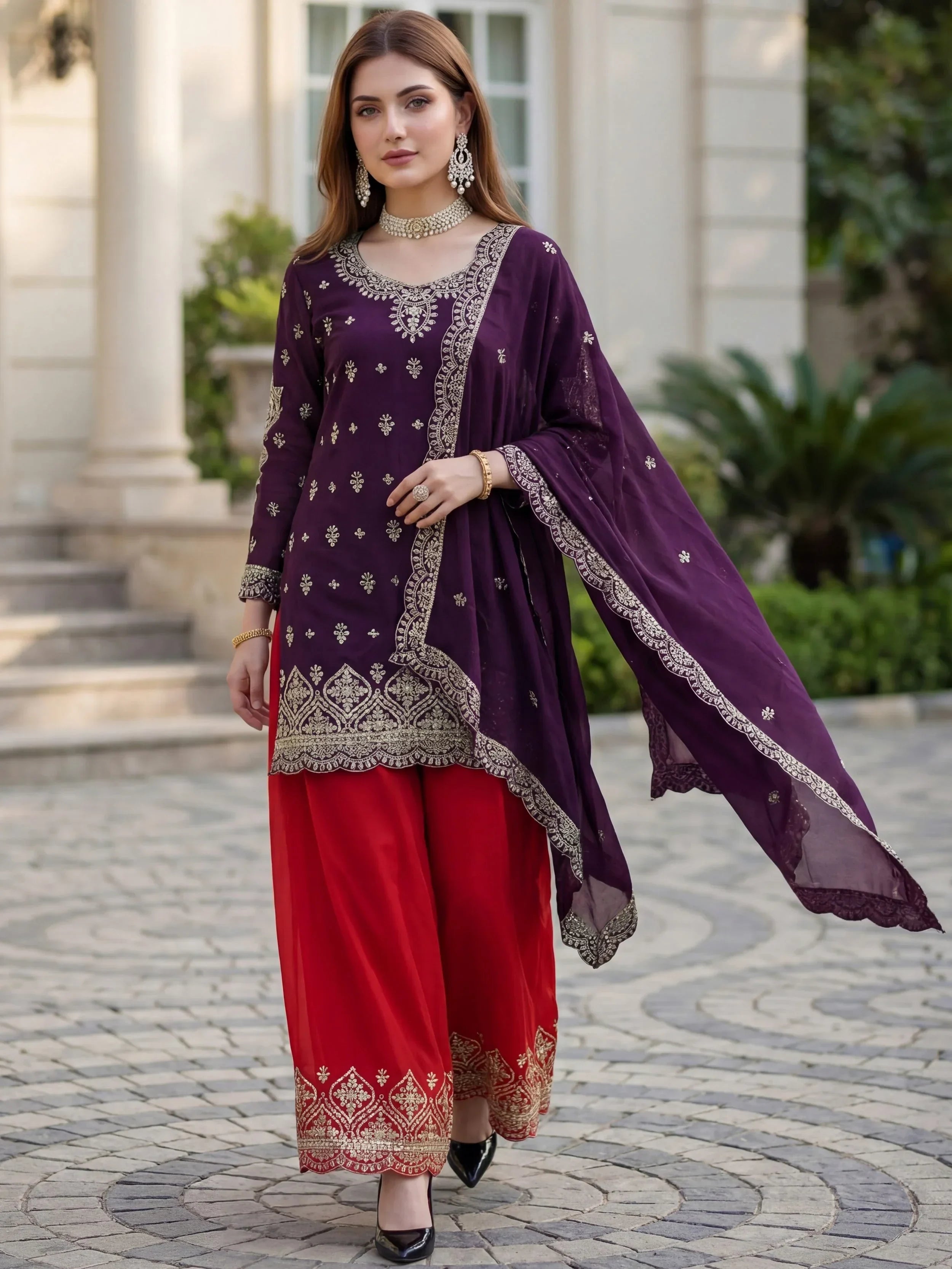 Purple Elegant Embroidered Chinon Festival Wear Palazzo Suit