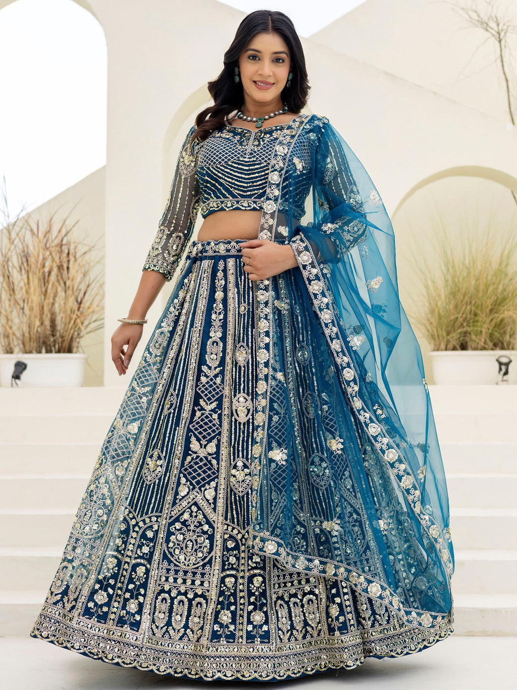 Blue Amazing Sequins Embroidered Net Party Wear Lehenga Choli