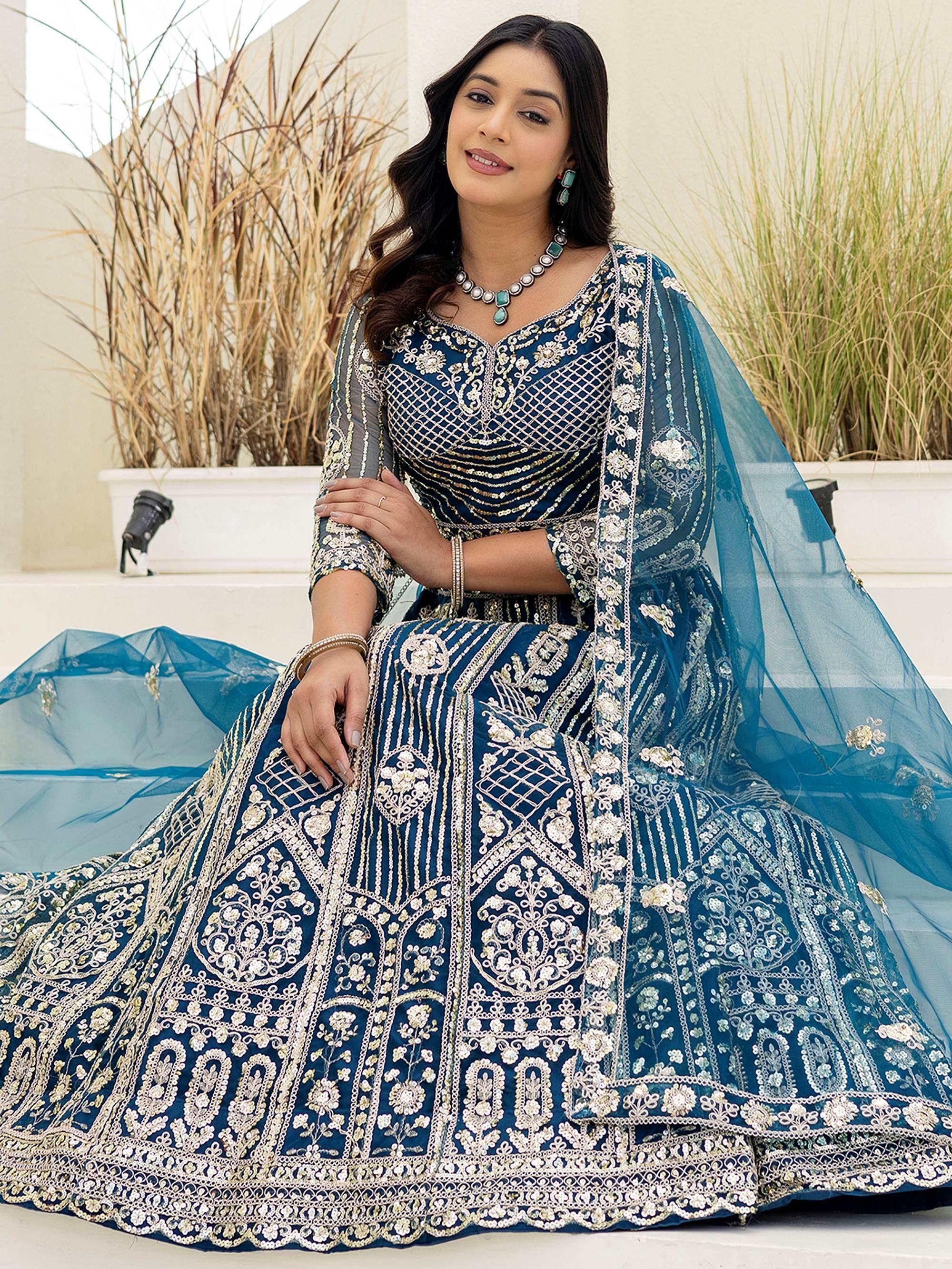 Blue Amazing Sequins Embroidered Net Party Wear Lehenga Choli