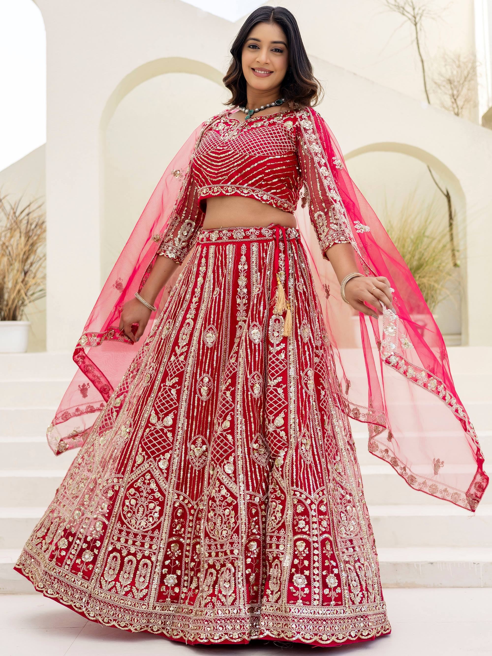 Red Amazing Sequins Embroidered Net Party Wear Lehenga Choli