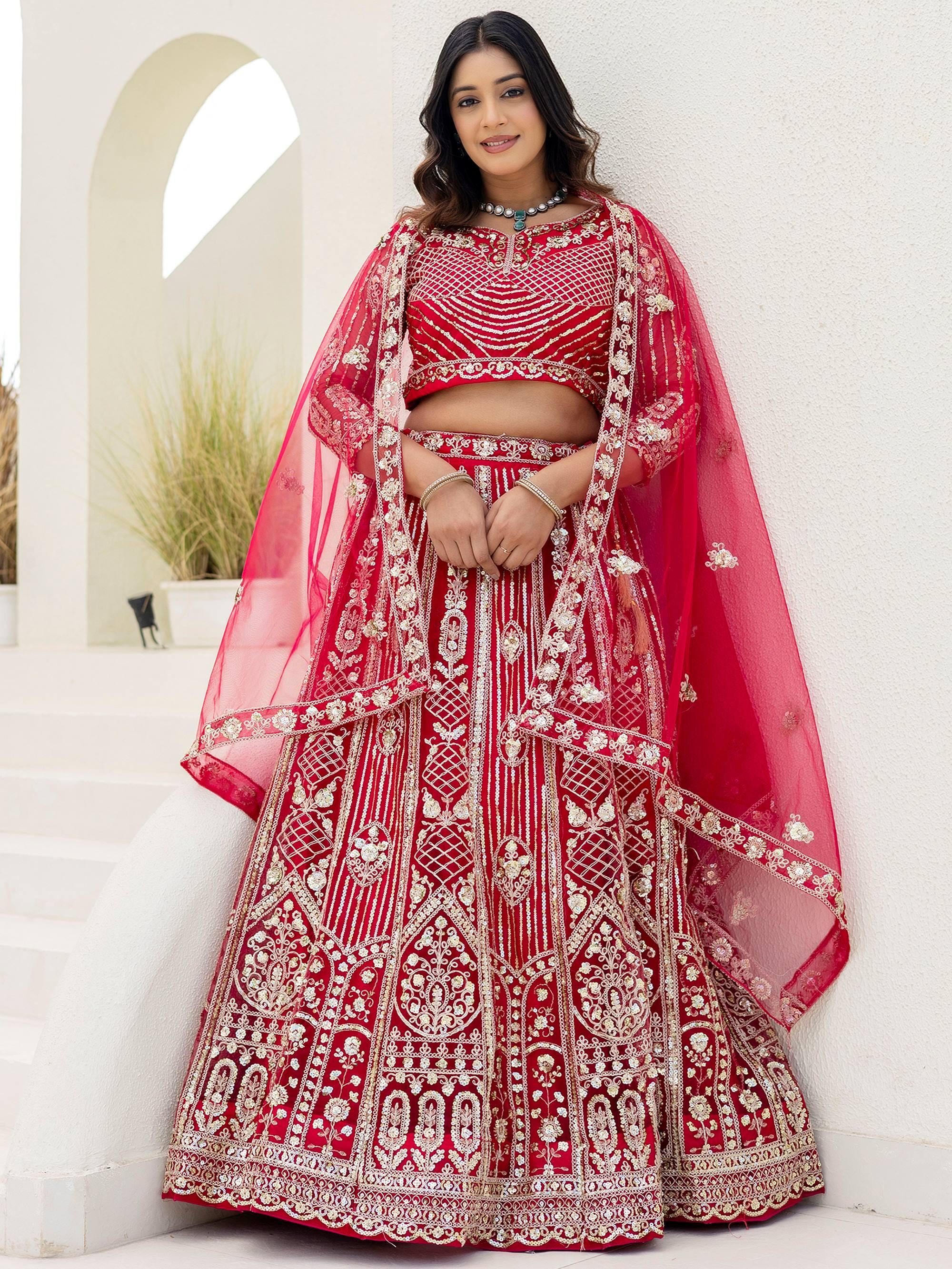 Red Amazing Sequins Embroidered Net Party Wear Lehenga Choli