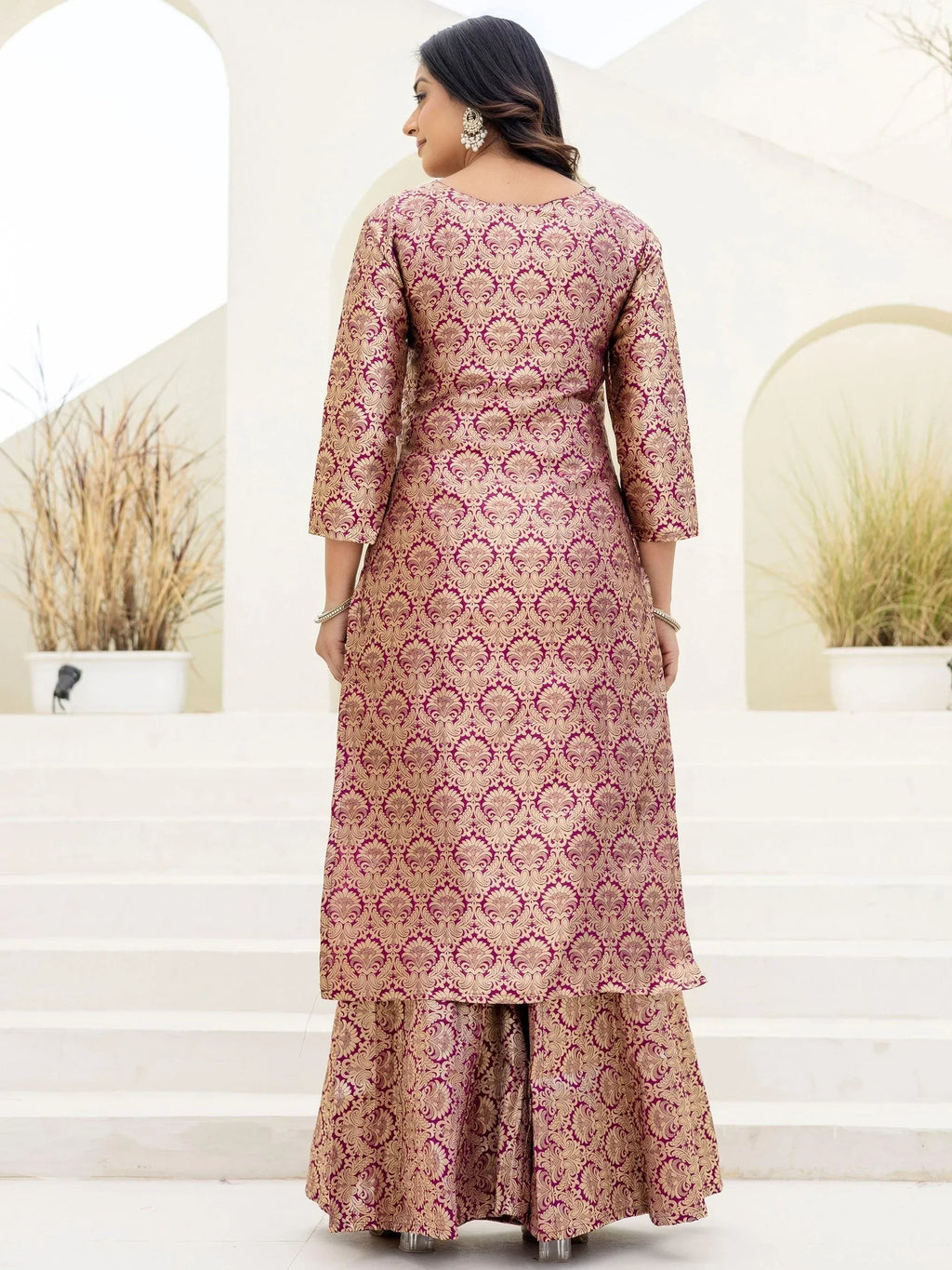 Purple Captivating Zari Weaving Jacquard Festive Wear Palazzo Suit