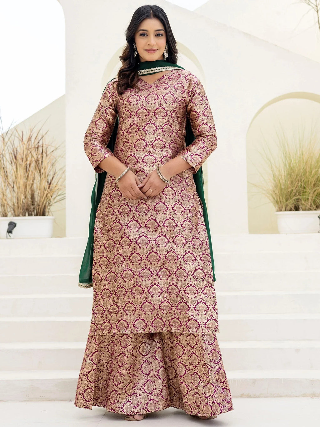 Purple Captivating Zari Weaving Jacquard Festive Wear Palazzo Suit