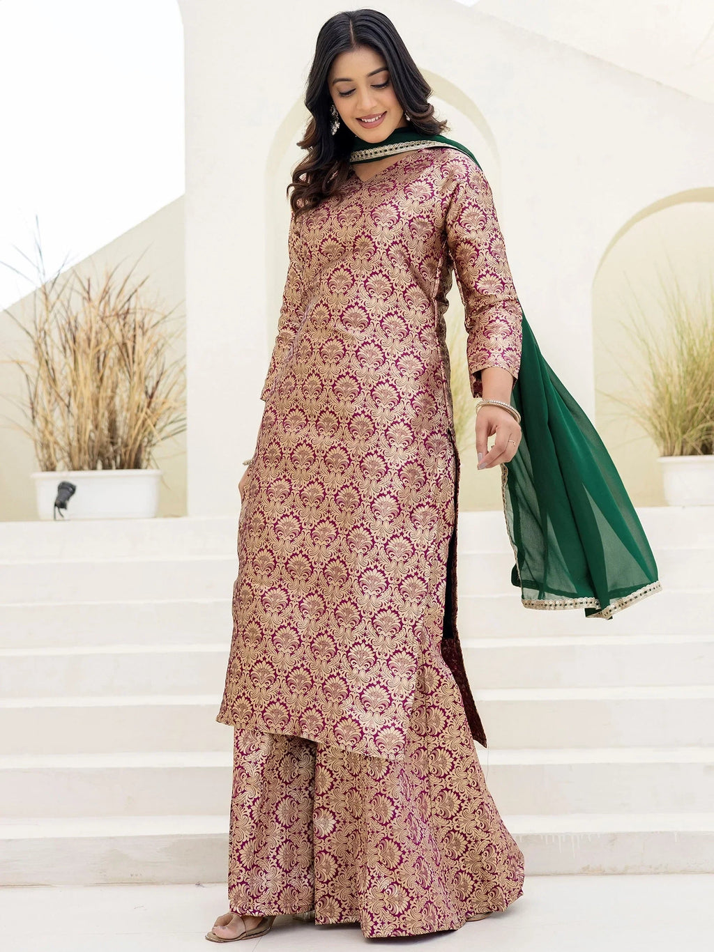 Purple Captivating Zari Weaving Jacquard Festive Wear Palazzo Suit