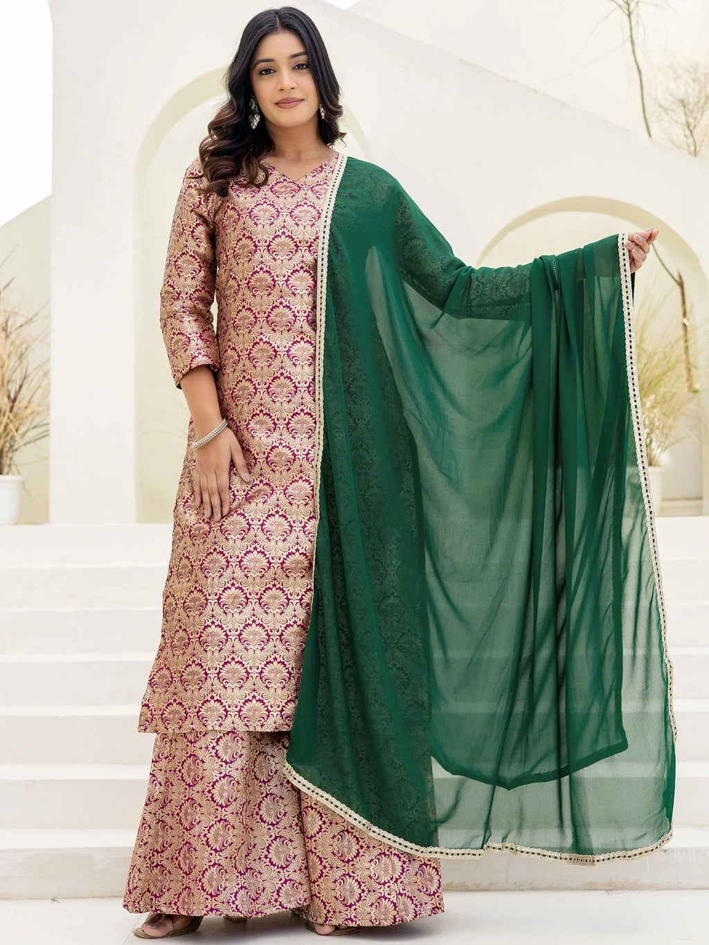 Purple Captivating Zari Weaving Jacquard Festive Wear Palazzo Suit