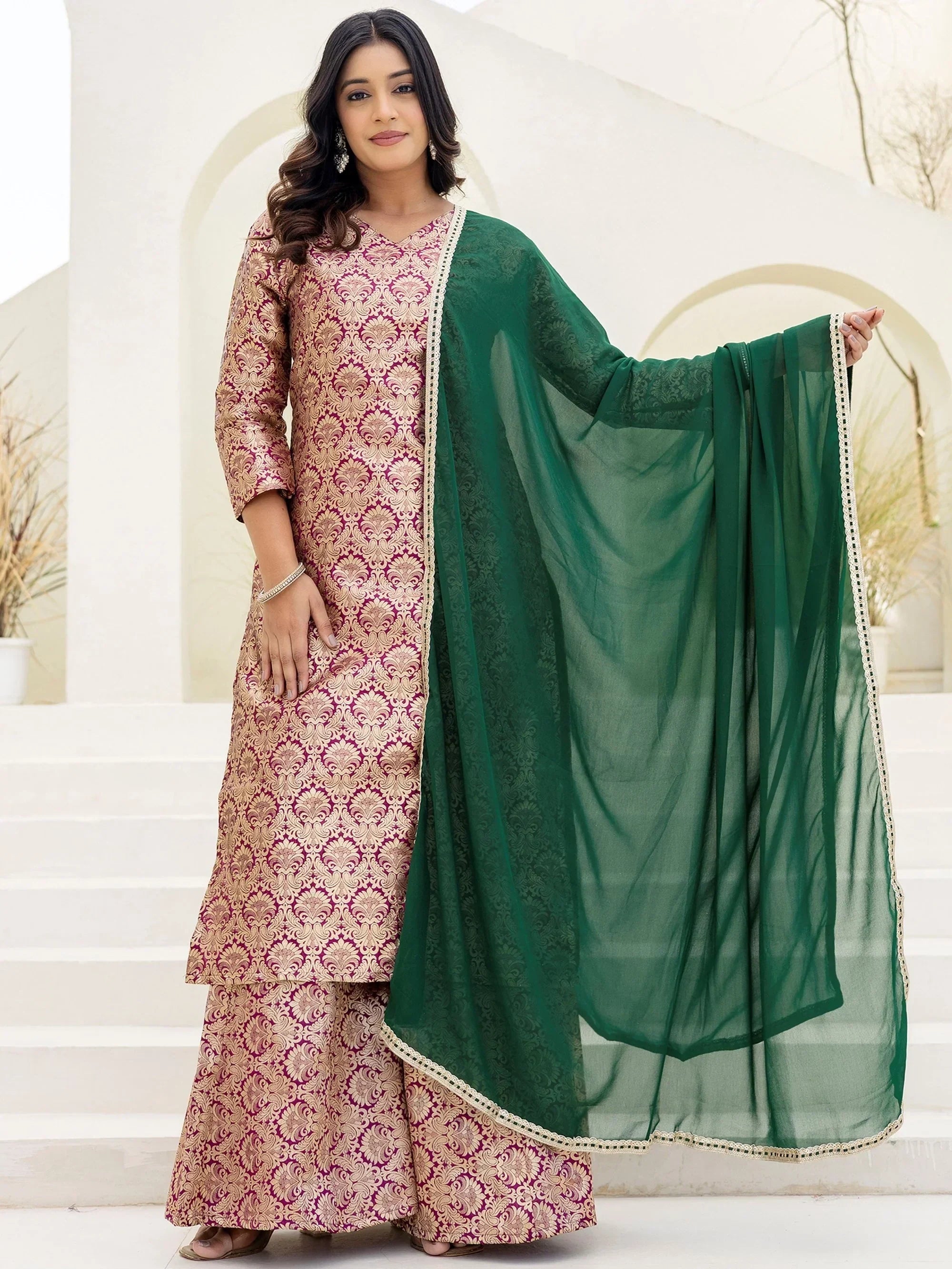 Purple Captivating Zari Weaving Jacquard Festive Wear Palazzo Suit