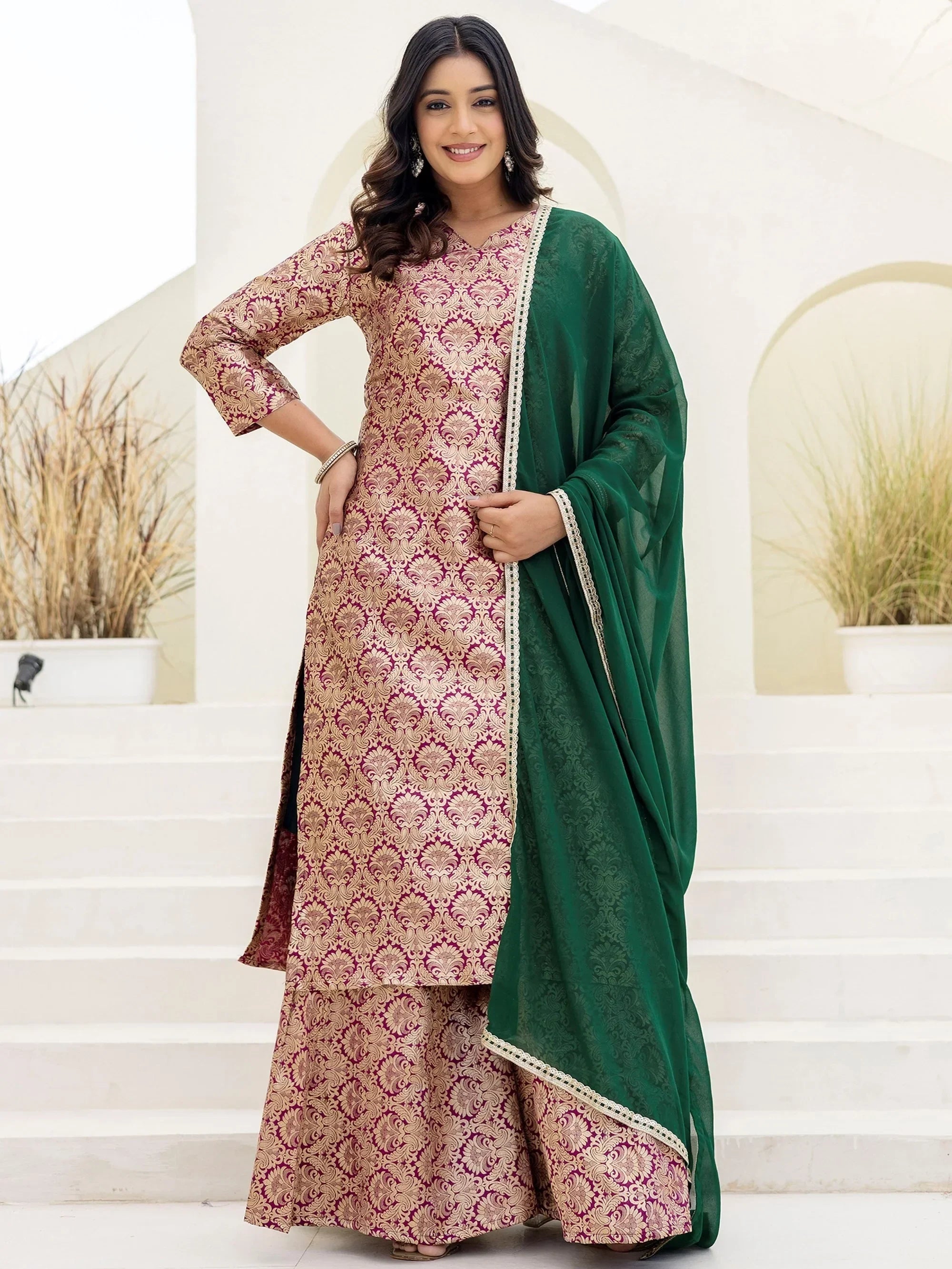 Purple Captivating Zari Weaving Jacquard Festive Wear Palazzo Suit