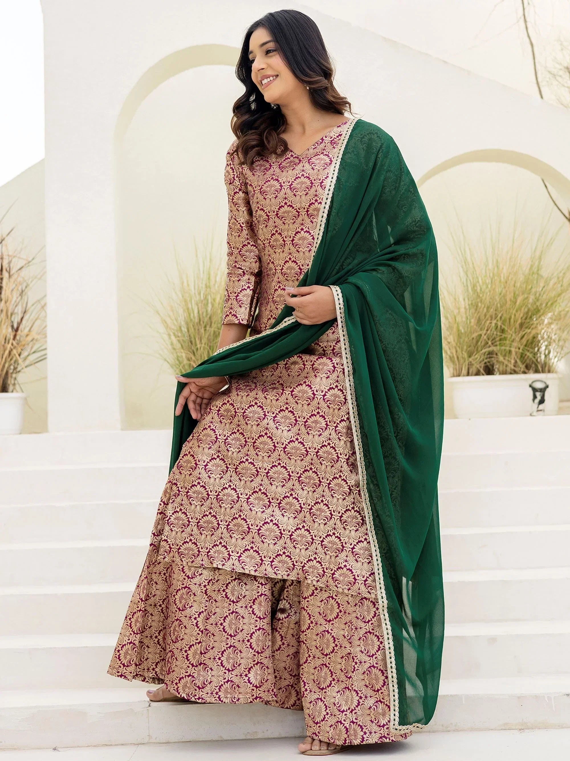 Purple Captivating Zari Weaving Jacquard Festive Wear Palazzo Suit